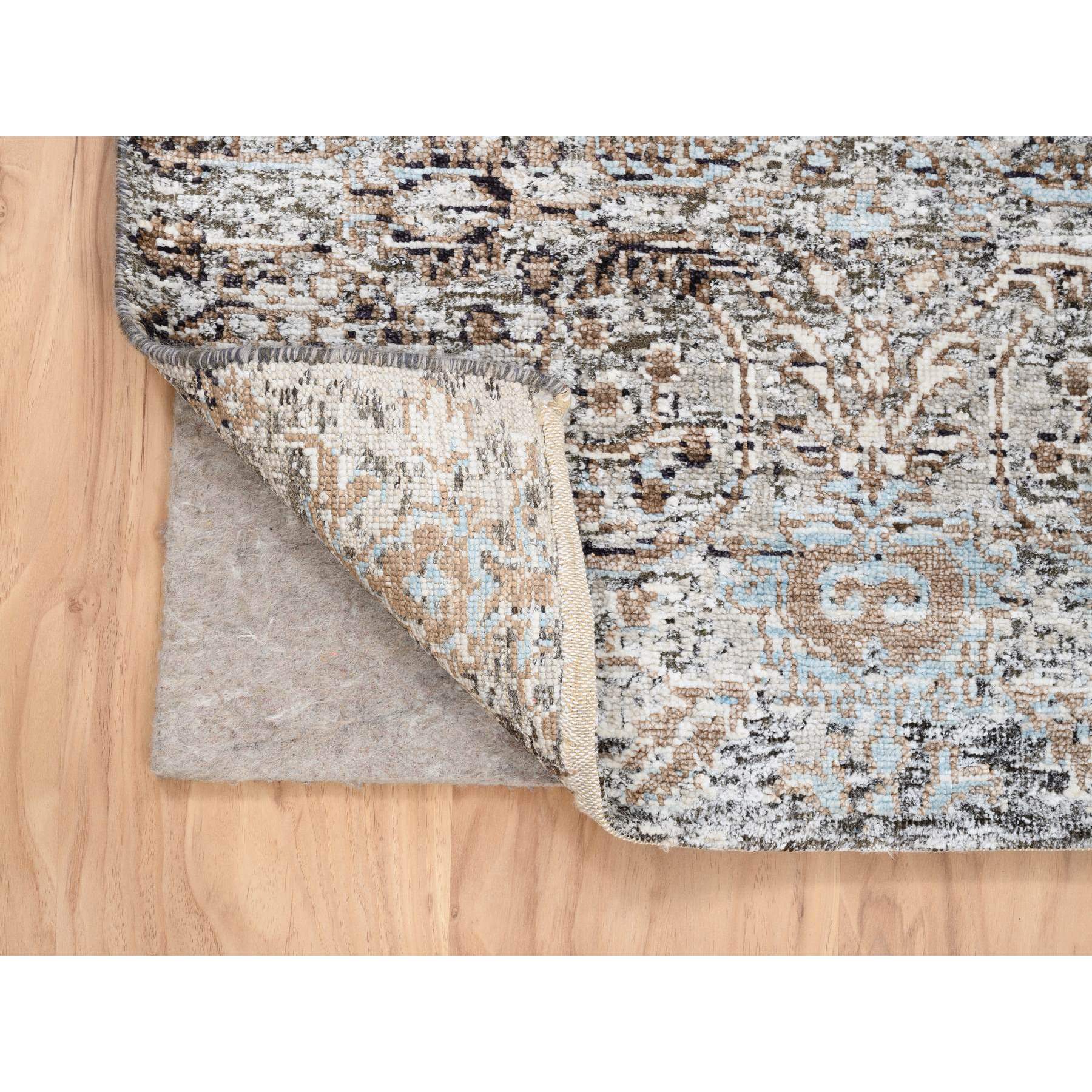 2'6"x6' Gray, Modern, Transitional Persian Influence Erased Medallion Design, Silk with Textured Wool, Hand Knotted, Oriental, Runner Rug HR63711 - Image 3