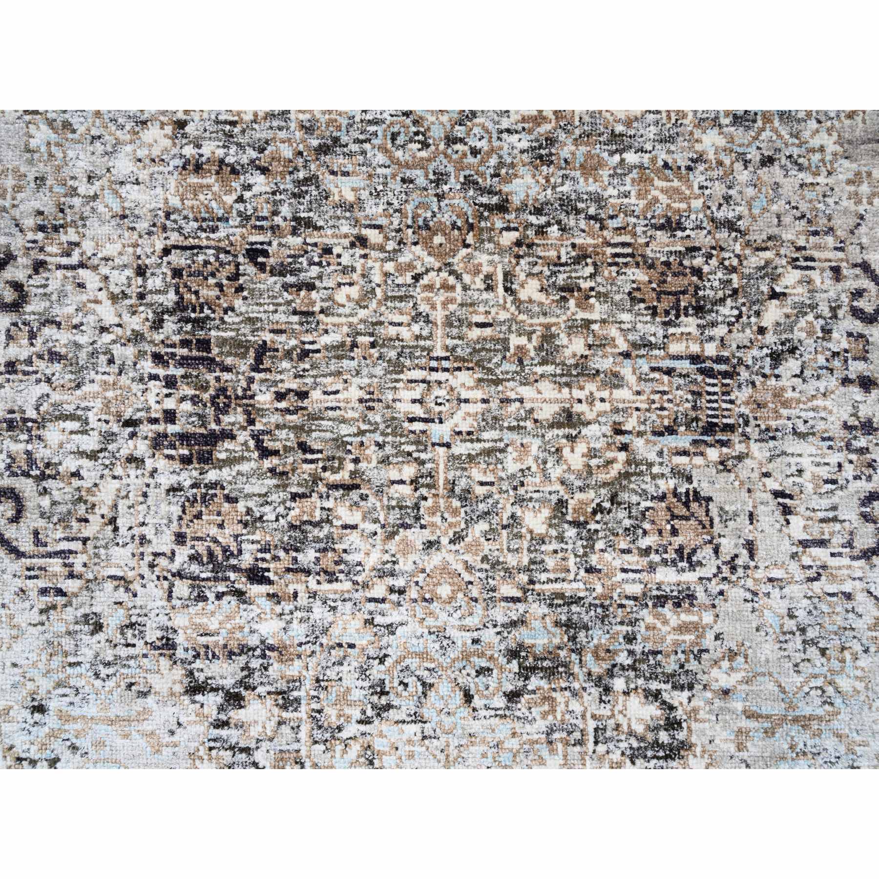 2'6"x6' Gray, Modern, Transitional Persian Influence Erased Medallion Design, Silk with Textured Wool, Hand Knotted, Oriental, Runner Rug HR63711 - Image 5
