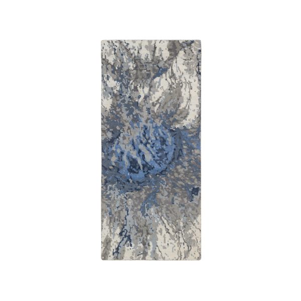 2'6"x6'2" Denim Blue, Abstract Design, Hi-low Pile, Wool and Art Silk, Hand Knotted, Oriental, Runner Rug HR63763