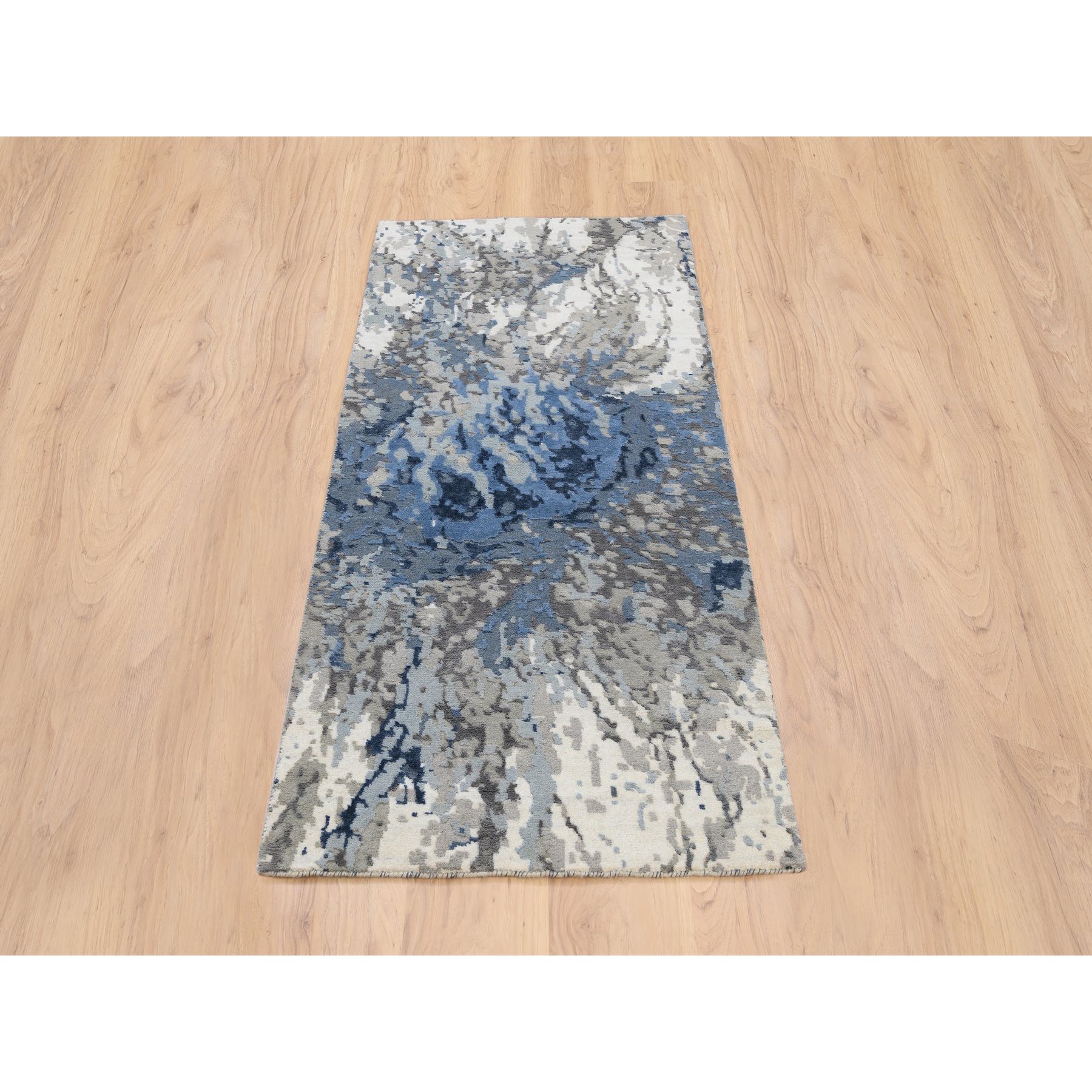 2'6"x6'2" Denim Blue, Abstract Design, Hi-low Pile, Wool and Art Silk, Hand Knotted, Oriental, Runner Rug HR63763 - Image 2