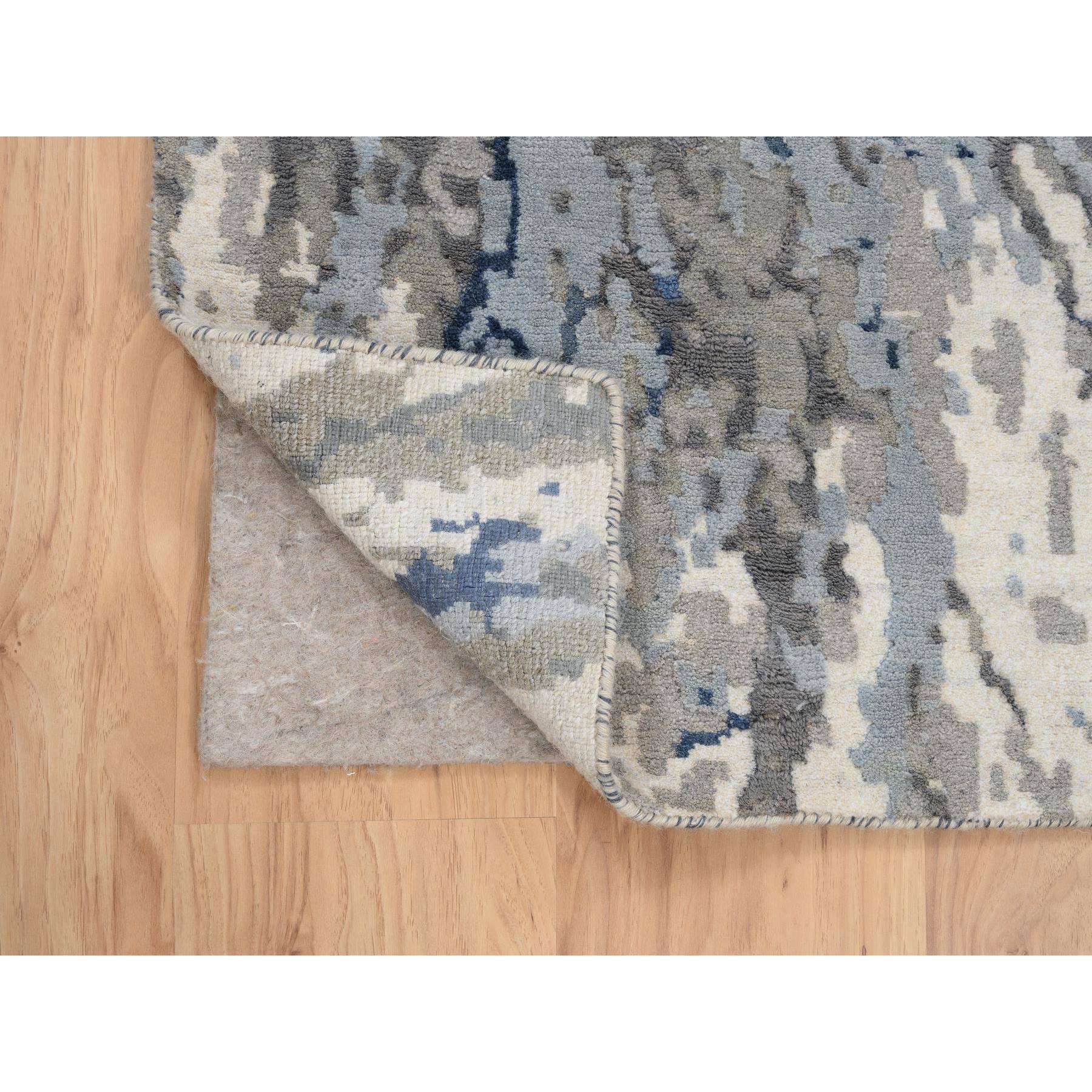2'6"x6'2" Denim Blue, Abstract Design, Hi-low Pile, Wool and Art Silk, Hand Knotted, Oriental, Runner Rug HR63763 - Image 3