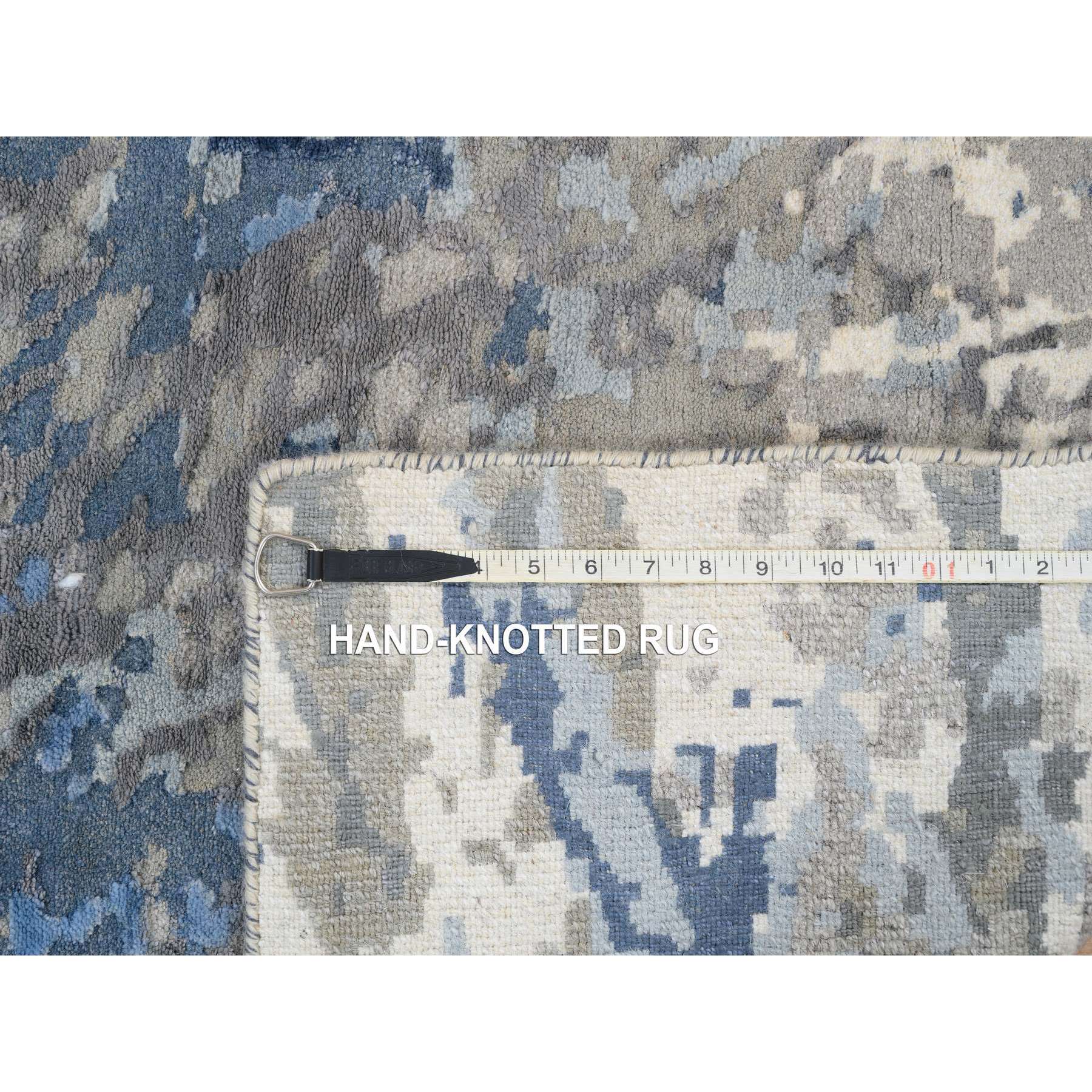 2'6"x6'2" Denim Blue, Abstract Design, Hi-low Pile, Wool and Art Silk, Hand Knotted, Oriental, Runner Rug HR63763 - Image 8