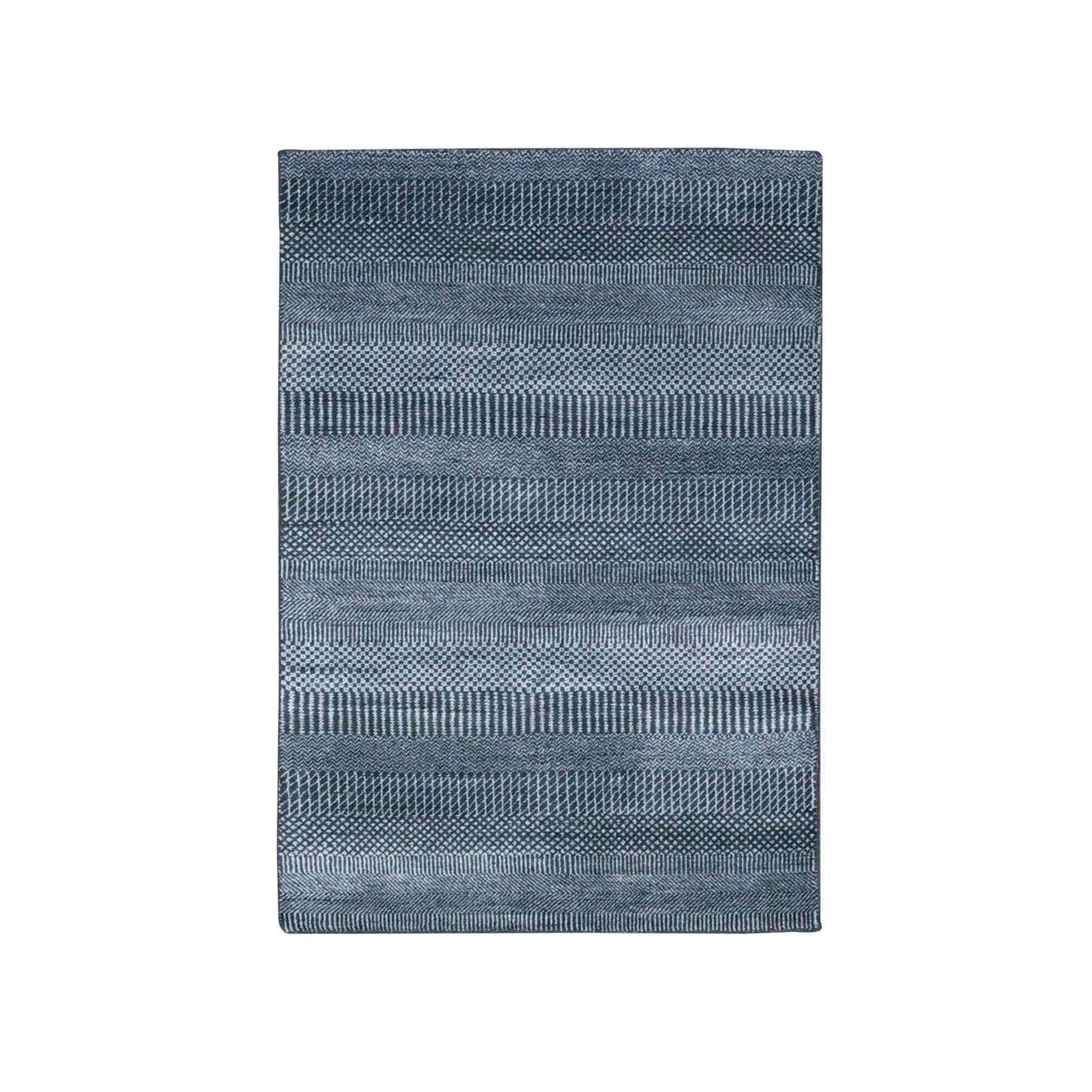 3'3"x5' Charcoal Gray, Wool and Silk Hand Knotted, Modern Grass Design Gabbeh Densely Woven, Oriental Rug HR79253