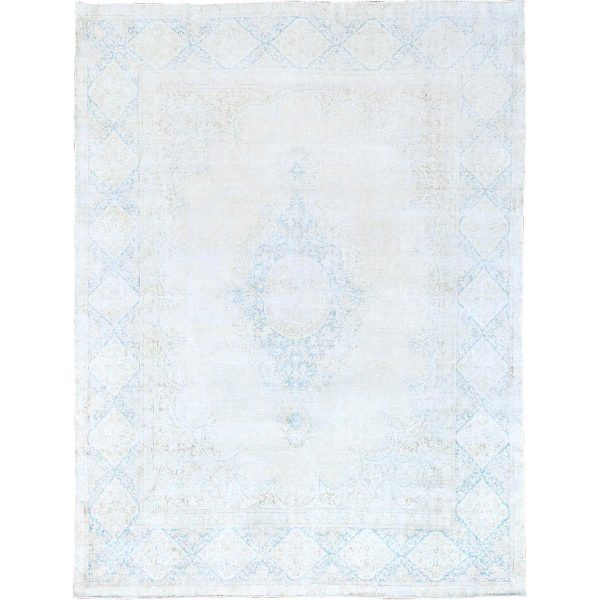 9'4"x12'3" Spring White, Pure Wool, Hand Knotted, Vintage Persian Kerman, Washed Out, Evenly Worn, Cleaned with Sides and Edges Professionally Secured, Oriental Rug HR85525