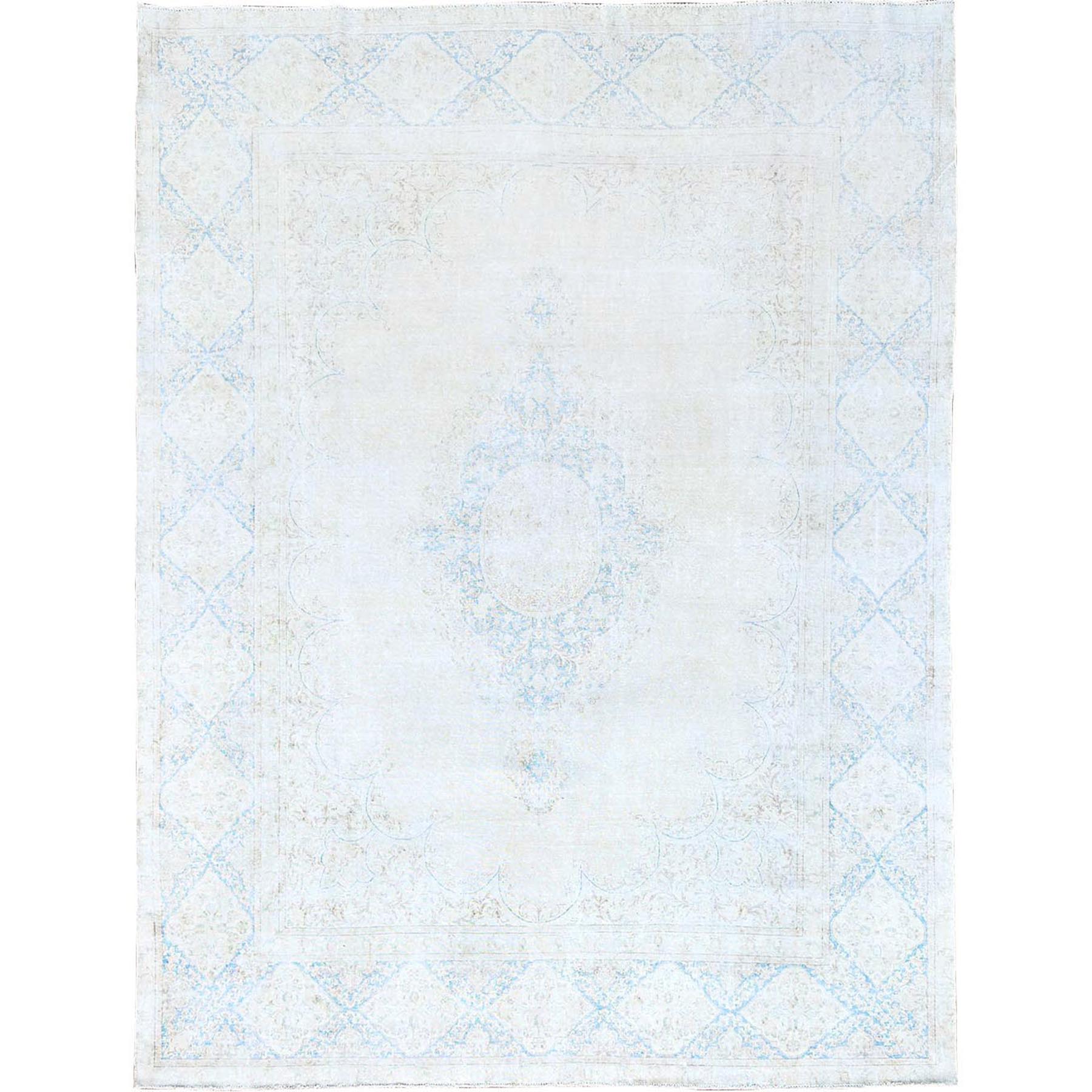 9'4"x12'3" Spring White, Pure Wool, Hand Knotted, Vintage Persian Kerman, Washed Out, Evenly Worn, Cleaned with Sides and Edges Professionally Secured, Oriental Rug HR85525