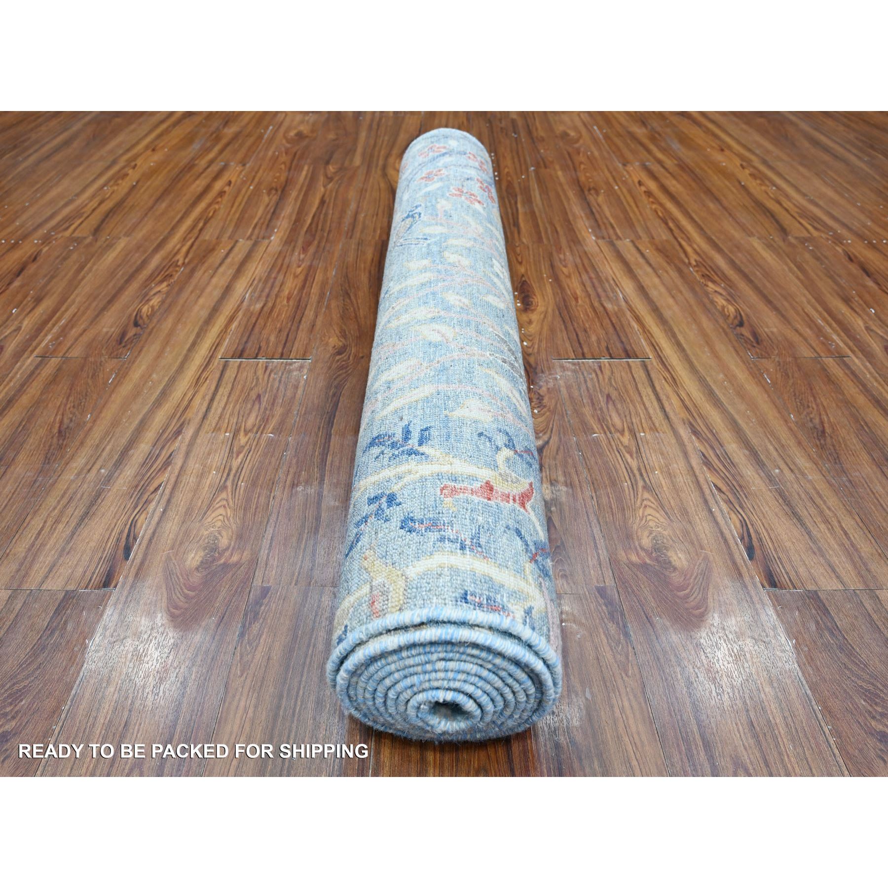 4'x11'10" Turquoise Blue, Natural Dyes, Extra Soft Wool, Afghan Peshawar With Birds of Paradise Design, Hand Knotted Wide Runner Oriental Rug HR88719 - Image 4