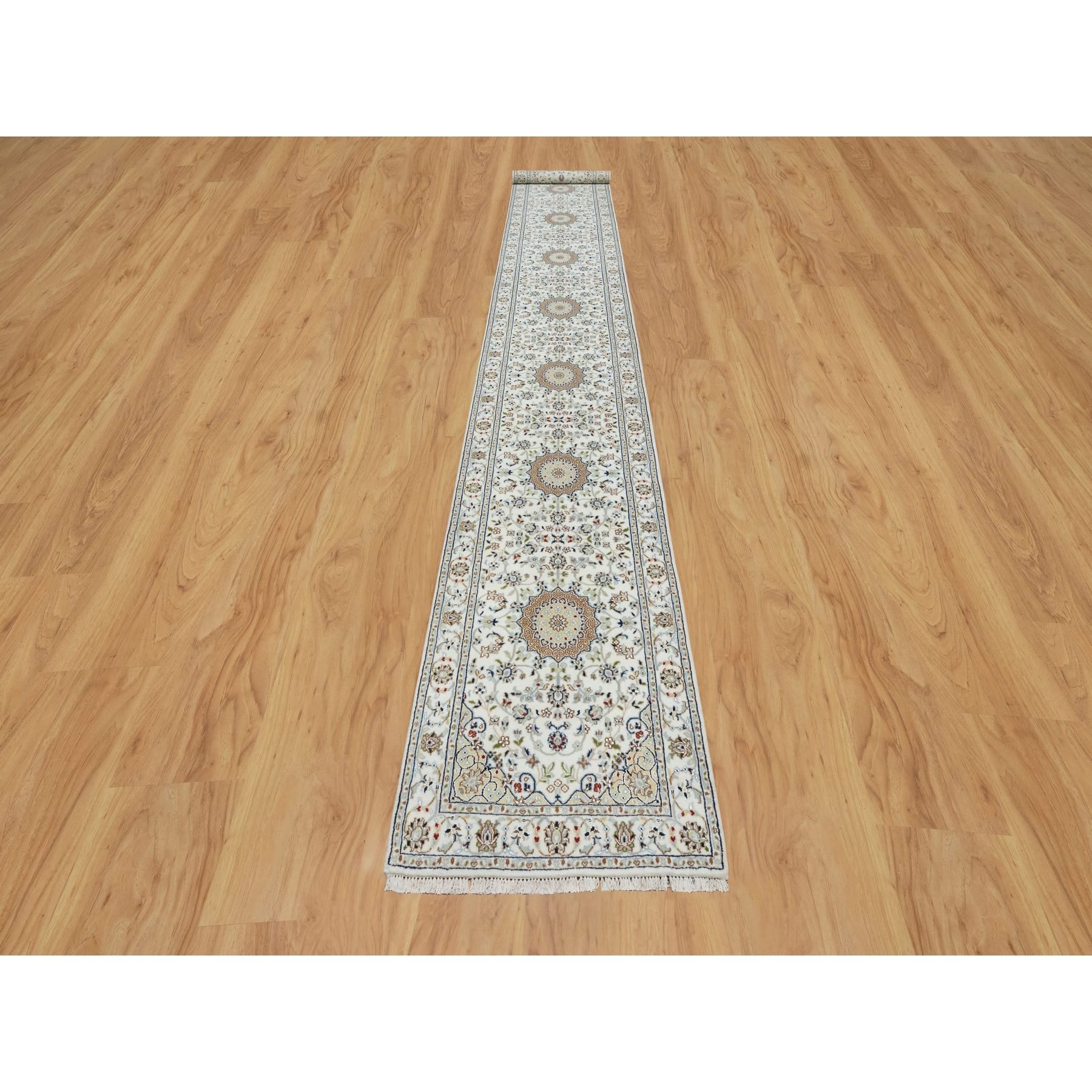 2'8"x17'8" Daisy White, Nain with Center Flower Design, 250 KPSI, Hand Knotted, Soft Pile, Wool and Silk, XL Runner, Oriental Rug HR90974 - Image 2