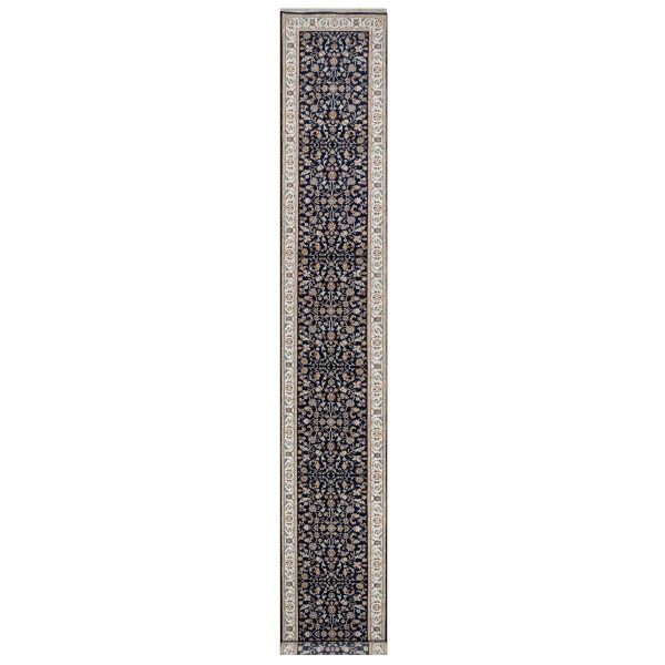 2'8"x18' Midnight Blue, Nain with All Over Flower Design, Soft Pile, Wool and Silk, 250 KPSI, Hand Knotted, XL Runner, Oriental Rug HR90976