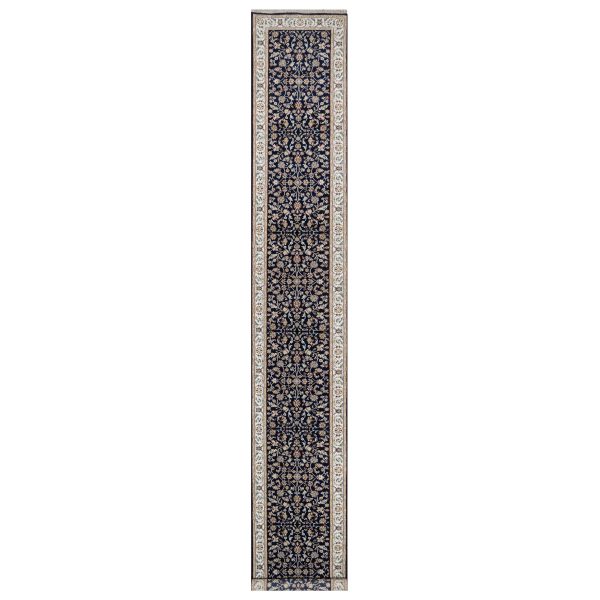2'8"x18'1" Graphite Blue, Nain with All Over Flower Design, Wool and Silk, 250 KPSI, Hand Knotted, XL Runner, Oriental Rug HR90979