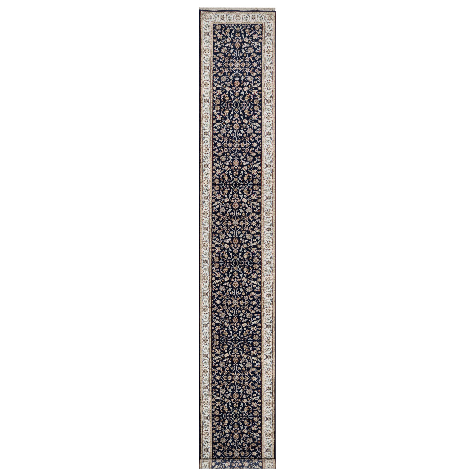 2'8"x18'1" Graphite Blue, Nain with All Over Flower Design, Wool and Silk, 250 KPSI, Hand Knotted, XL Runner, Oriental Rug HR90979