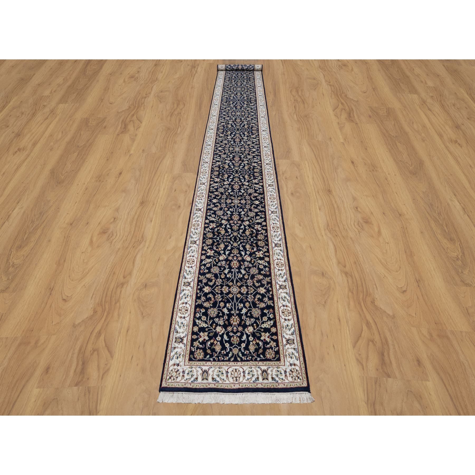 2'8"x18'1" Graphite Blue, Nain with All Over Flower Design, Wool and Silk, 250 KPSI, Hand Knotted, XL Runner, Oriental Rug HR90979 - Image 2