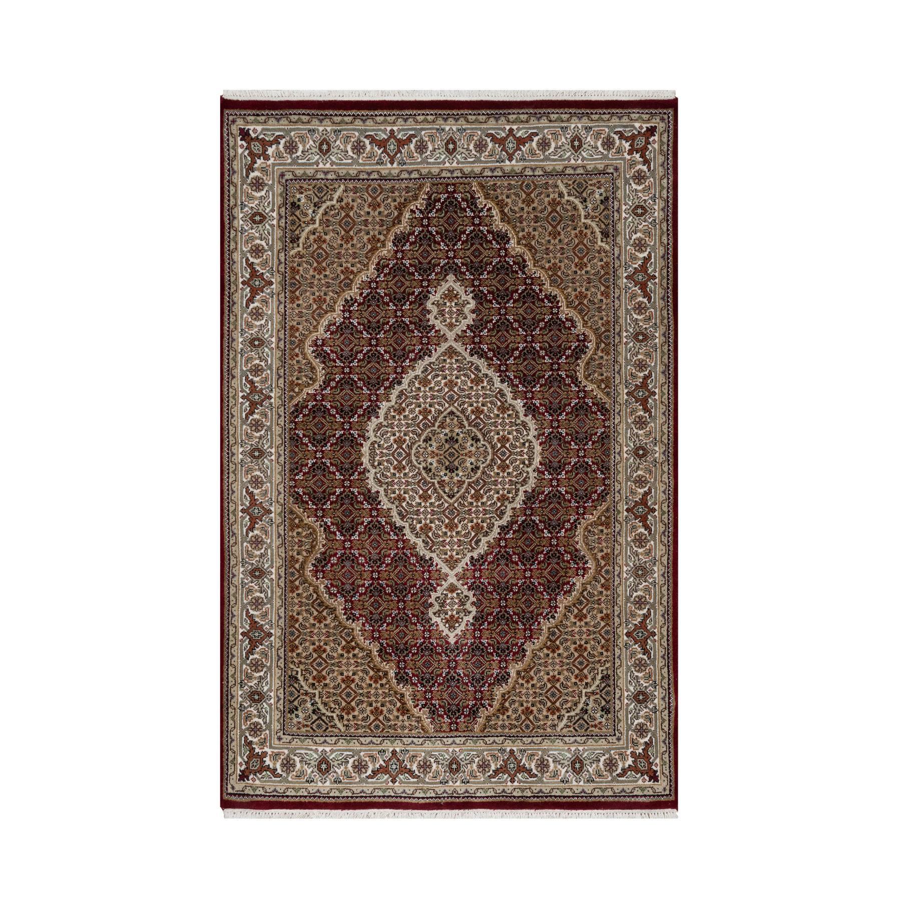 4'x6'2" Carmine Red, Densely Woven, Tabriz Mahi with Fish Medallion Design, Soft Wool, Hand Knotted, Oriental Rug HR90983