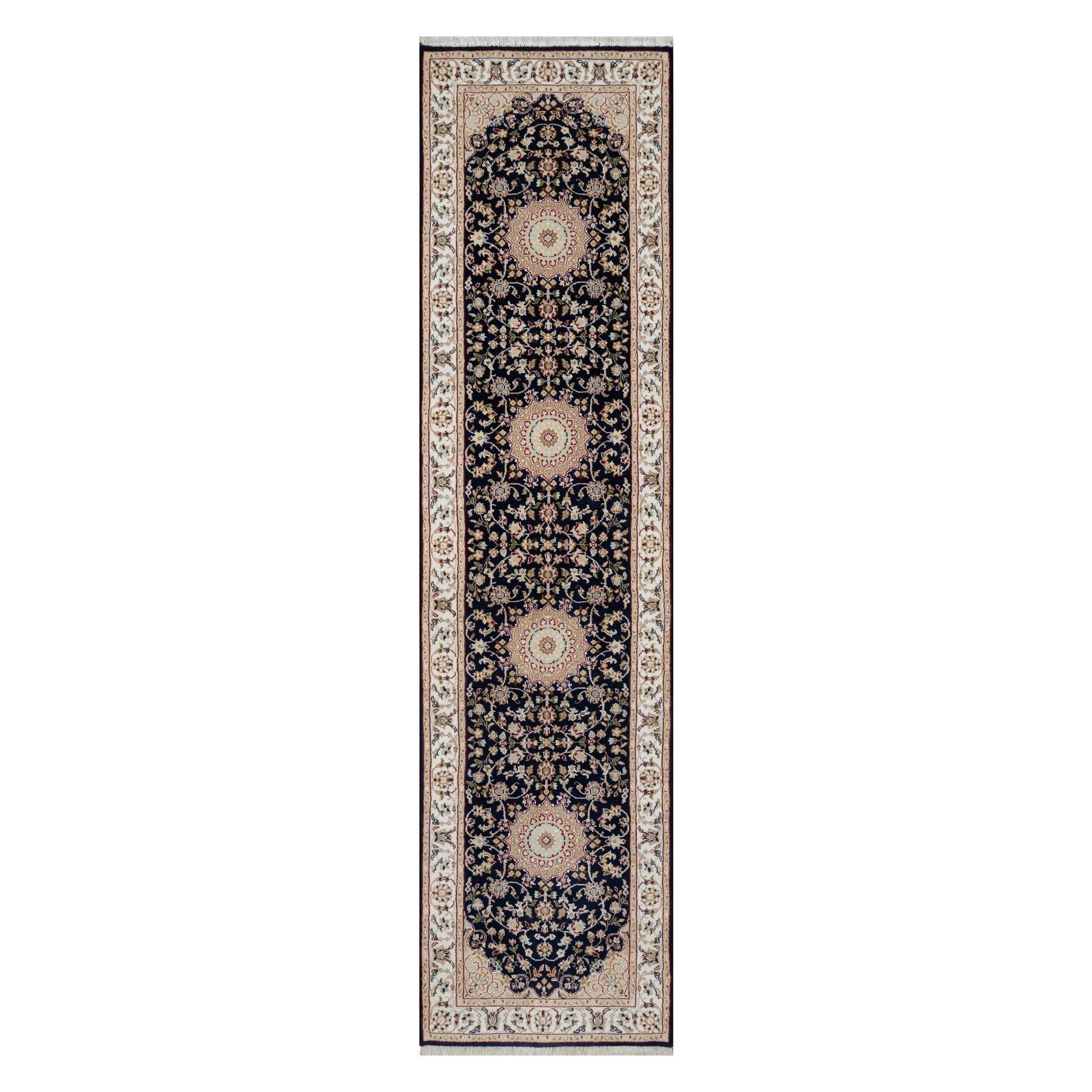2'6"x10' Vulcan Blue, Nain with Center Flower Medallion Design, Hand Knotted, Wool and Silk, 250 KPSI, Runner, Oriental Rug HR90989