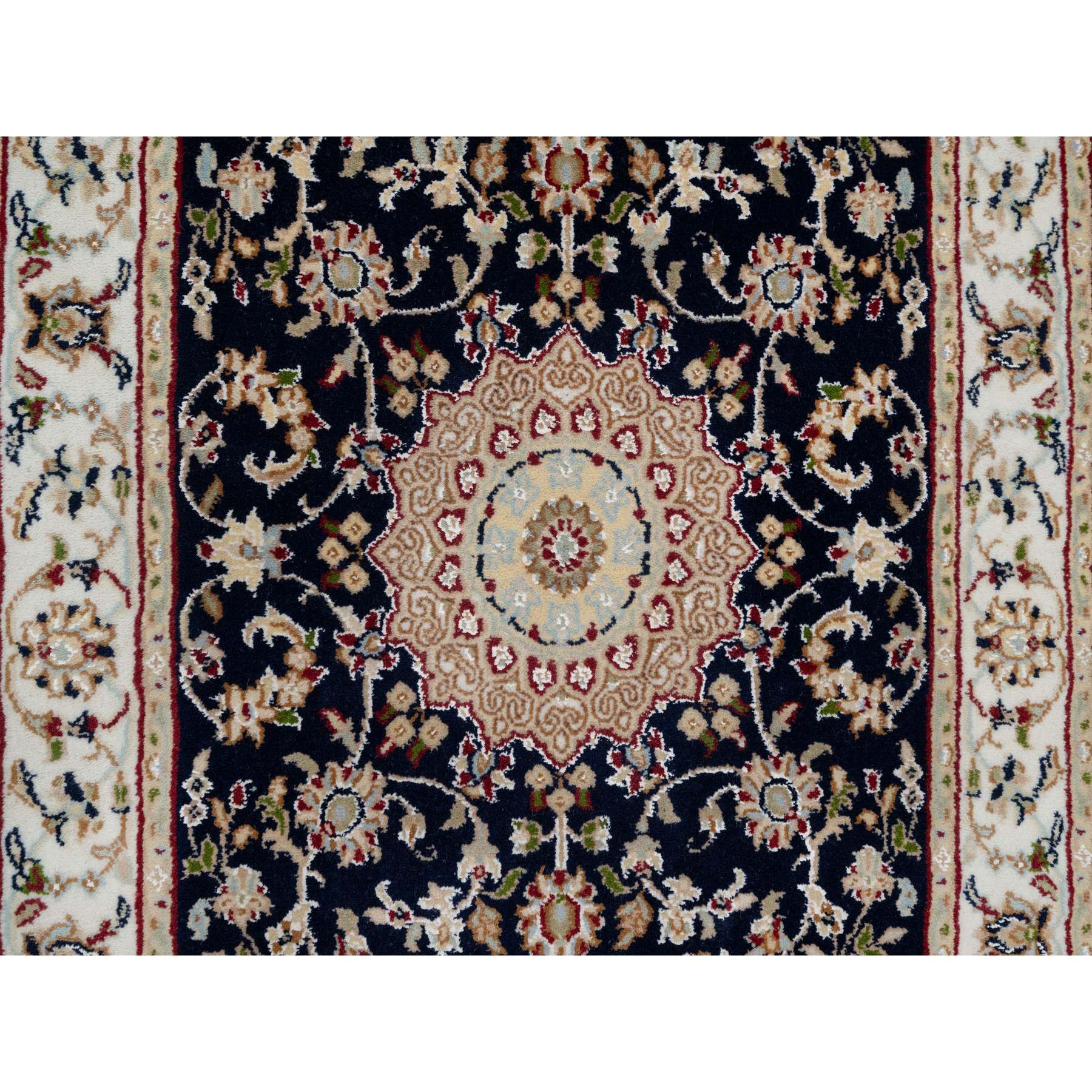 2'6"x10' Vulcan Blue, Nain with Center Flower Medallion Design, Hand Knotted, Wool and Silk, 250 KPSI, Runner, Oriental Rug HR90989 - Image 5