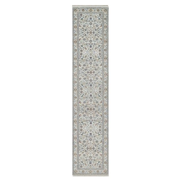 2'8"x12'2" Pearl White, Nain with All Over Floral Design, Wool and Silk, Hand Knotted, 250 KPSI, Runner, Oriental Rug HR90991