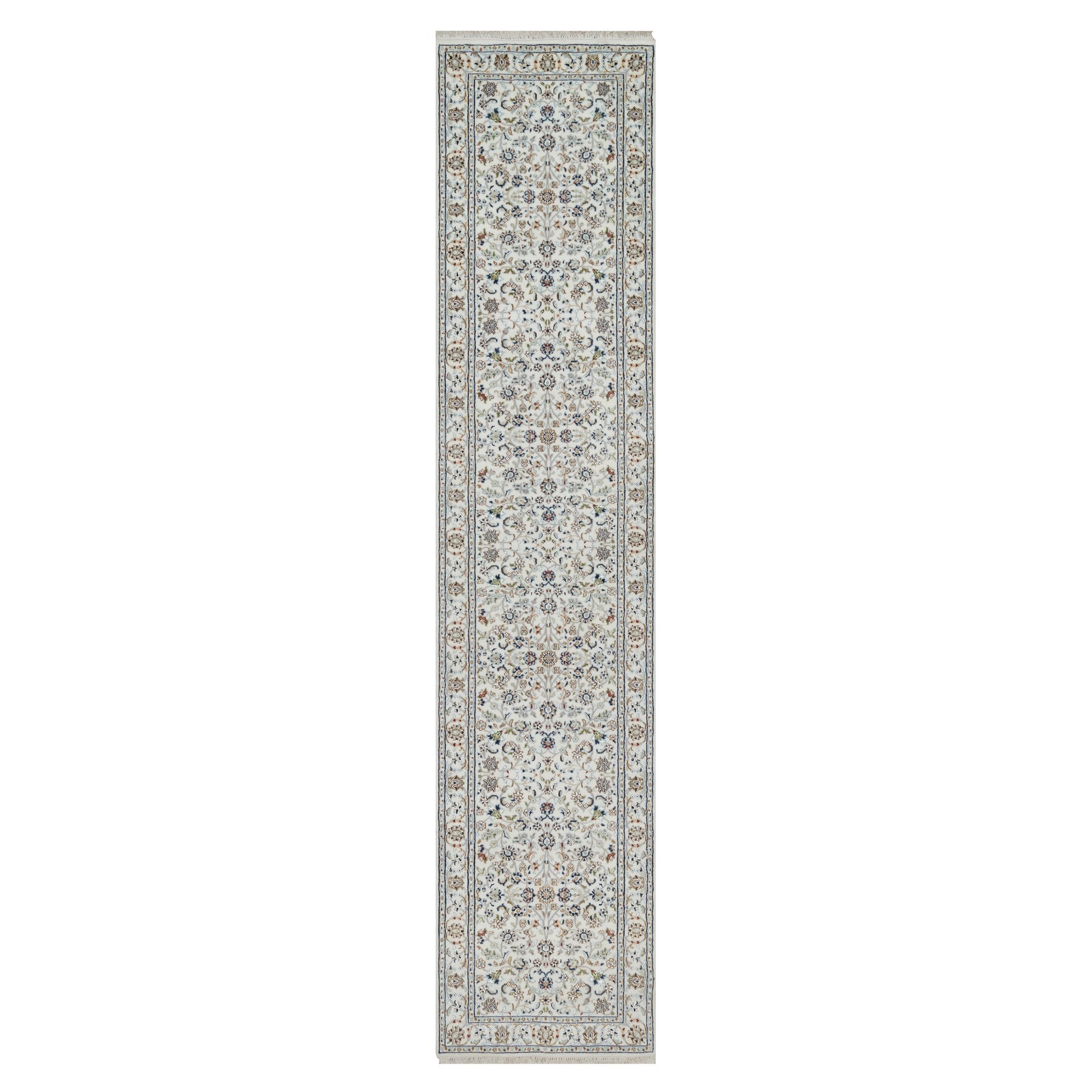 2'8"x12'2" Pearl White, Nain with All Over Floral Design, Wool and Silk, Hand Knotted, 250 KPSI, Runner, Oriental Rug HR90991