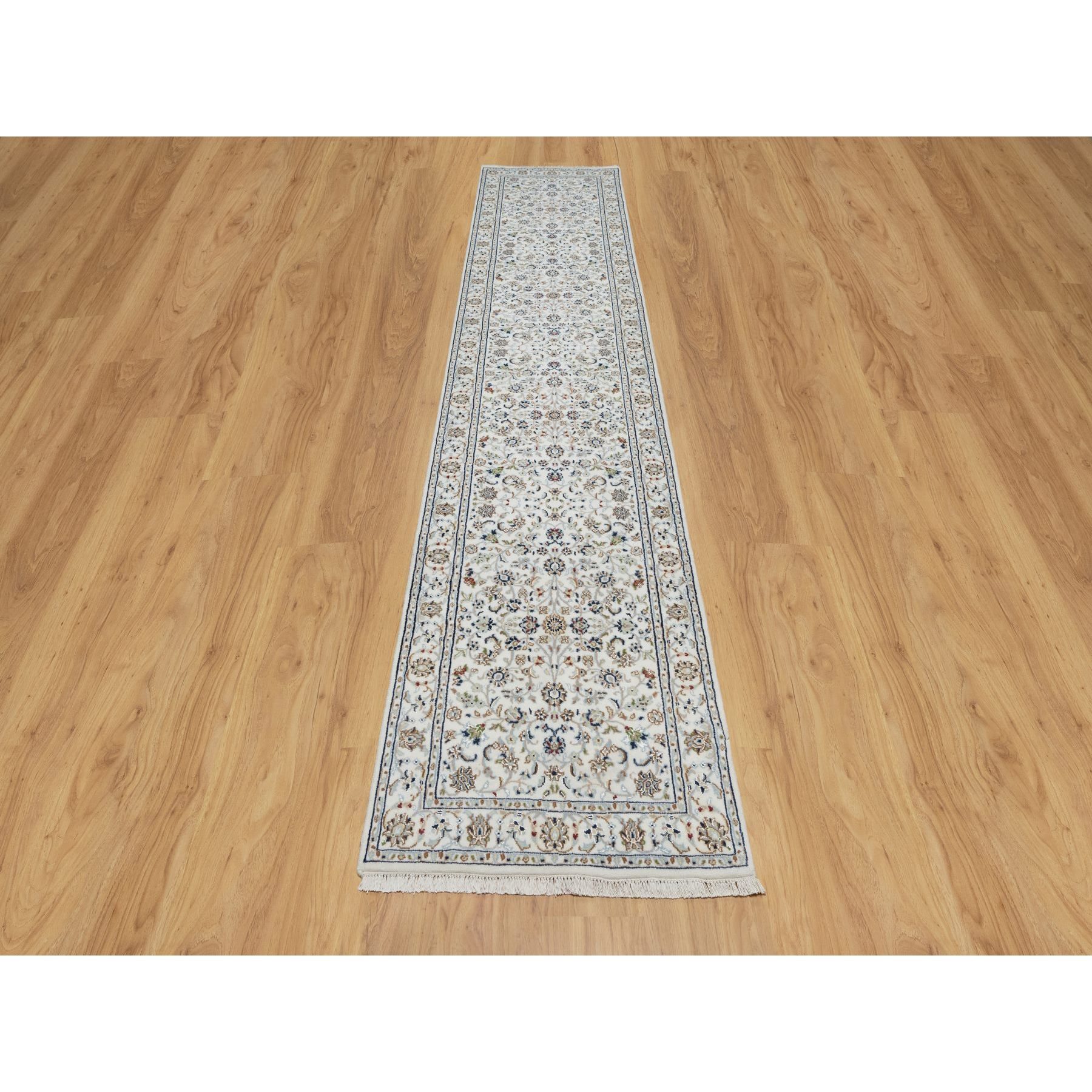 2'8"x12'2" Pearl White, Nain with All Over Floral Design, Wool and Silk, Hand Knotted, 250 KPSI, Runner, Oriental Rug HR90991 - Image 2