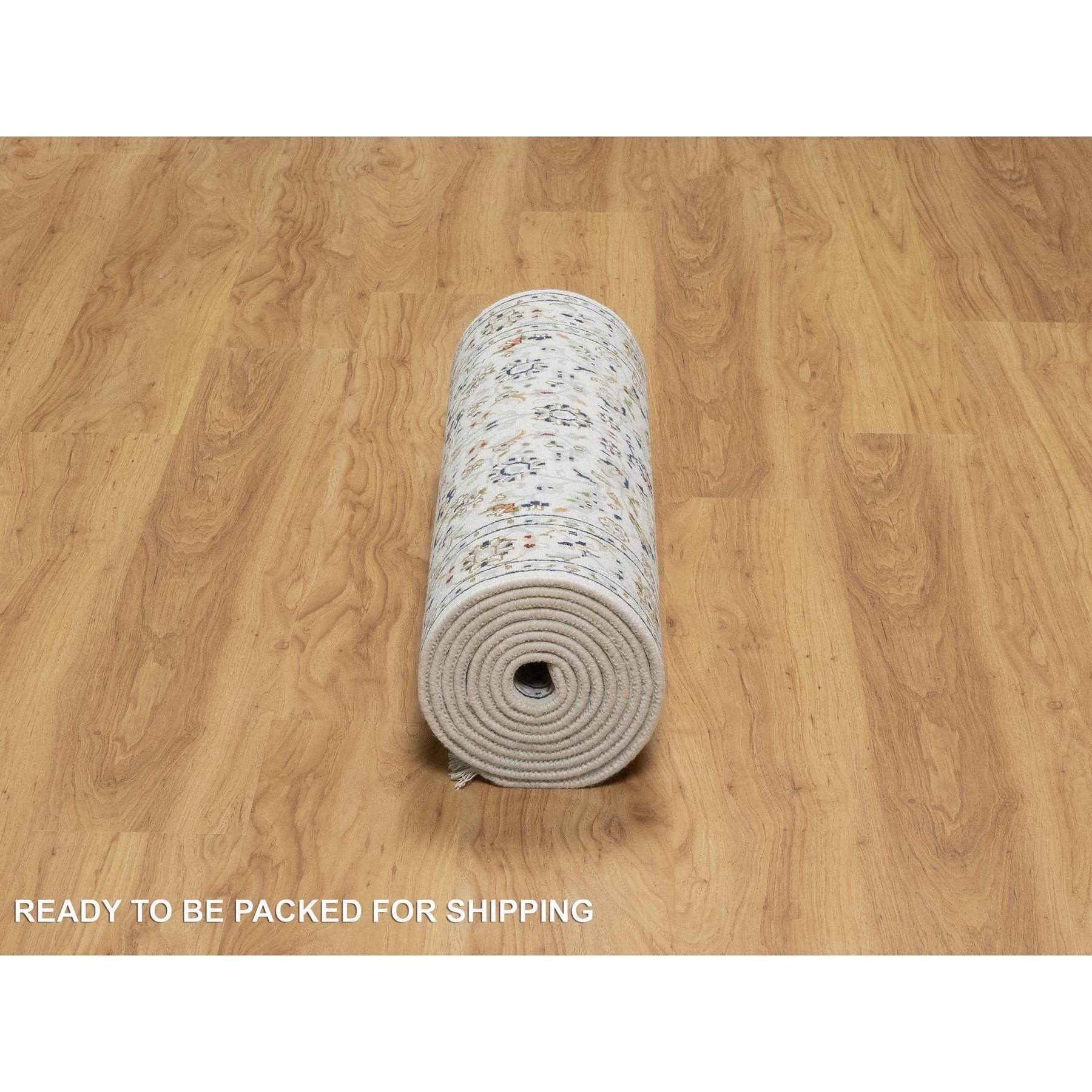 2'8"x12'2" Pearl White, Nain with All Over Floral Design, Wool and Silk, Hand Knotted, 250 KPSI, Runner, Oriental Rug HR90991 - Image 6