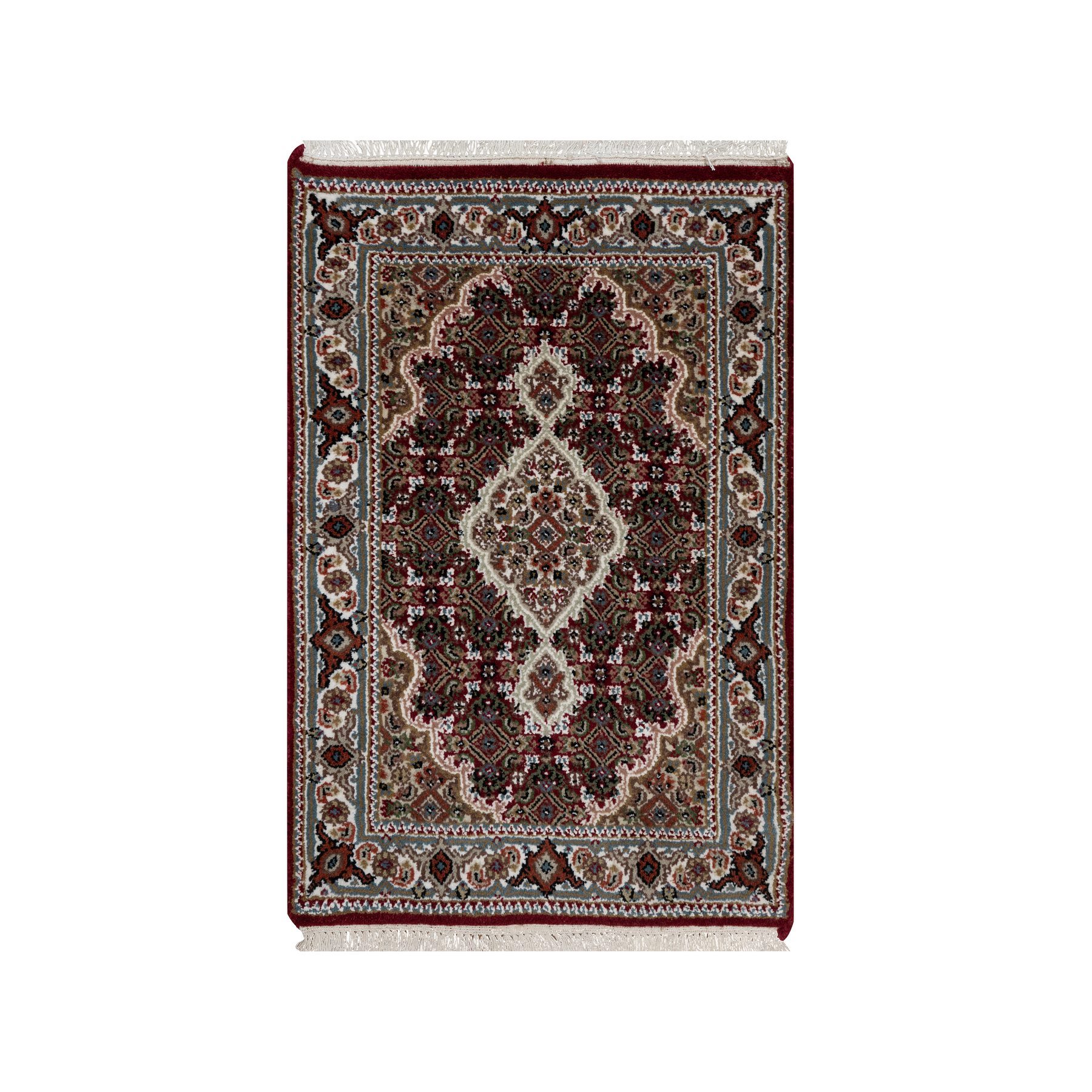 2'x3' Carmine Red, Tabriz Mahi with Fish Medallion Design, Soft Wool, Hand Knotted, Densely Woven, Mat, Oriental Rug HR90994