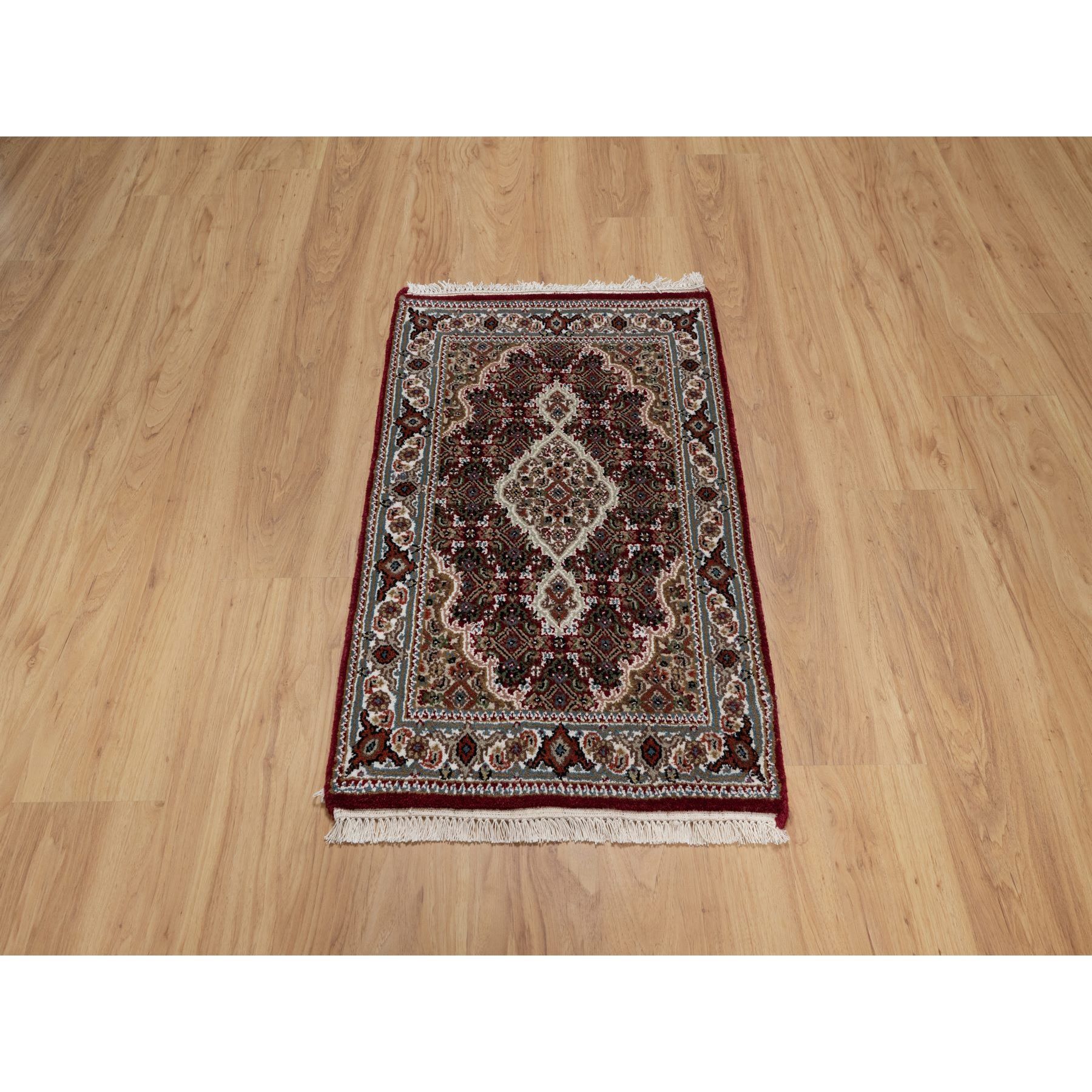 2'x3' Carmine Red, Tabriz Mahi with Fish Medallion Design, Soft Wool, Hand Knotted, Densely Woven, Mat, Oriental Rug HR90994 - Image 2