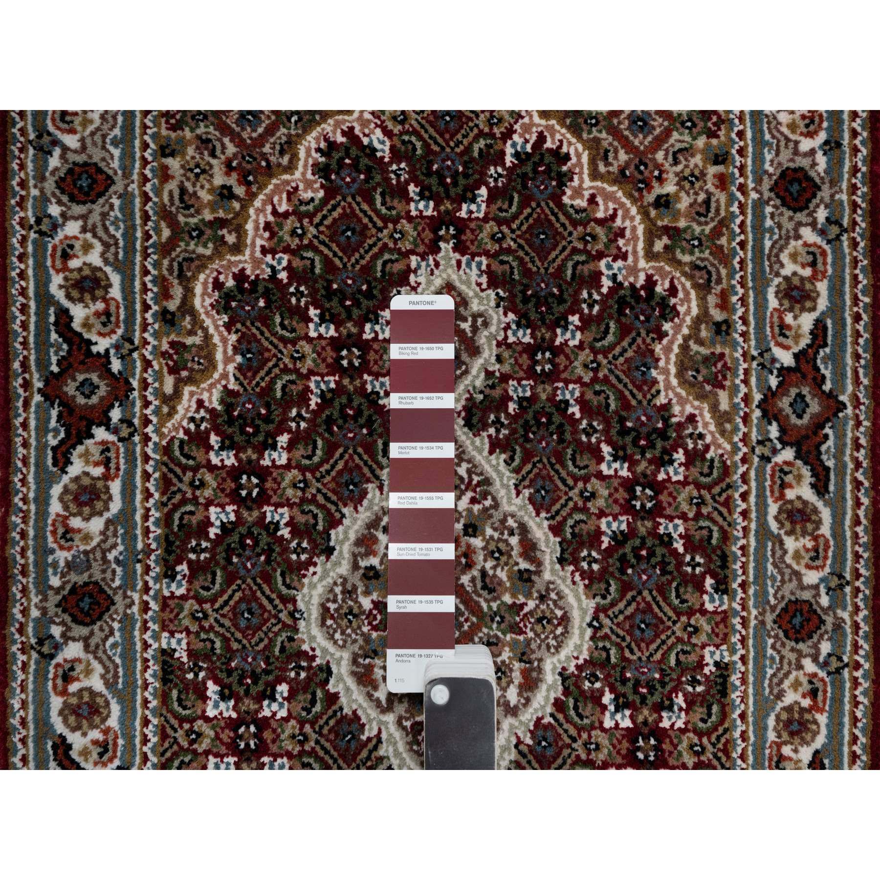 2'x3' Carmine Red, Tabriz Mahi with Fish Medallion Design, Soft Wool, Hand Knotted, Densely Woven, Mat, Oriental Rug HR90994 - Image 4