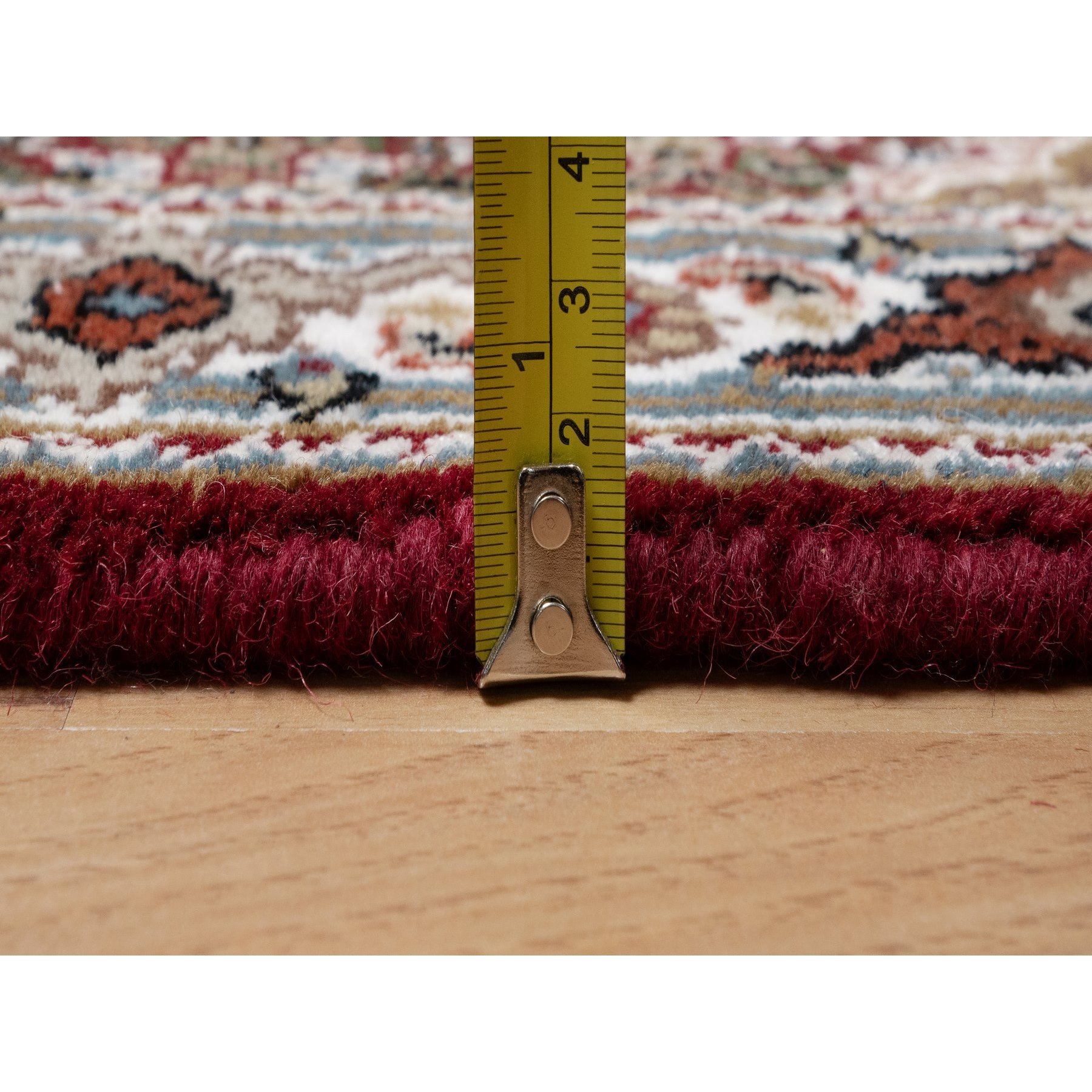 2'x3' Carmine Red, Tabriz Mahi with Fish Medallion Design, Soft Wool, Hand Knotted, Densely Woven, Mat, Oriental Rug HR90994 - Image 7