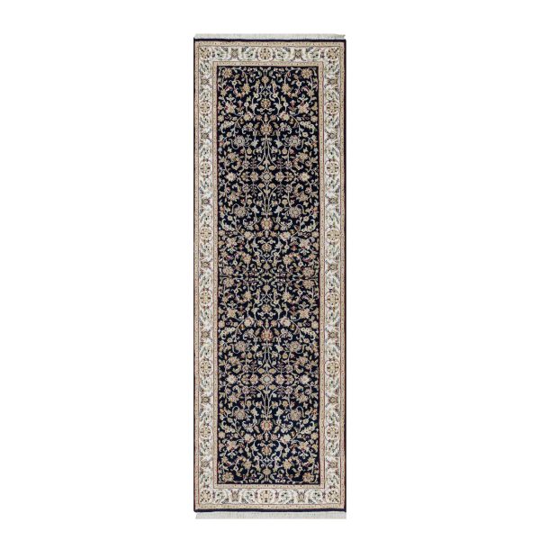 2'7"x8'1" Midnight Blue, Wool and Silk, Nain with All Over Flower Design, Soft Pile, 250 KPSI, Hand Knotted, Runner, Oriental Rug HR91008
