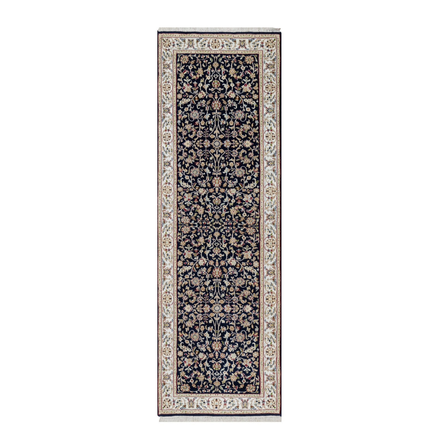2'7"x8'1" Midnight Blue, Wool and Silk, Nain with All Over Flower Design, Soft Pile, 250 KPSI, Hand Knotted, Runner, Oriental Rug HR91008