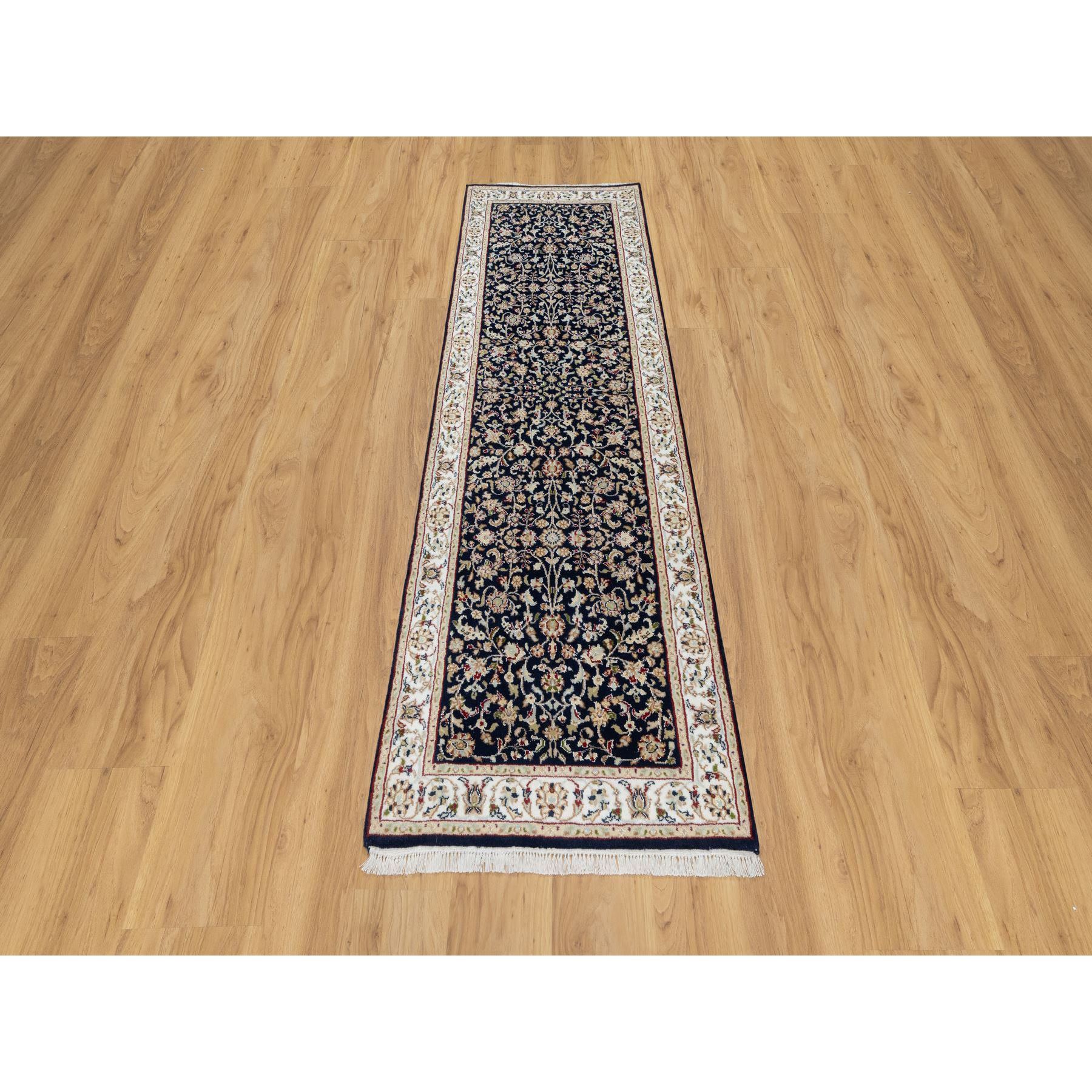 2'7"x8'1" Midnight Blue, Wool and Silk, Nain with All Over Flower Design, Soft Pile, 250 KPSI, Hand Knotted, Runner, Oriental Rug HR91008 - Image 2