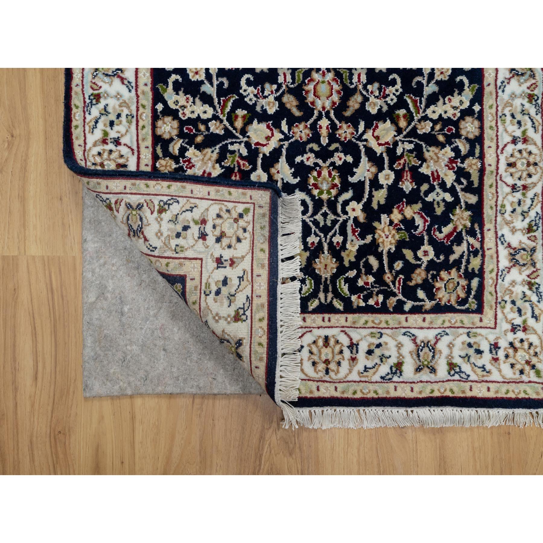 2'7"x8'1" Midnight Blue, Wool and Silk, Nain with All Over Flower Design, Soft Pile, 250 KPSI, Hand Knotted, Runner, Oriental Rug HR91008 - Image 3