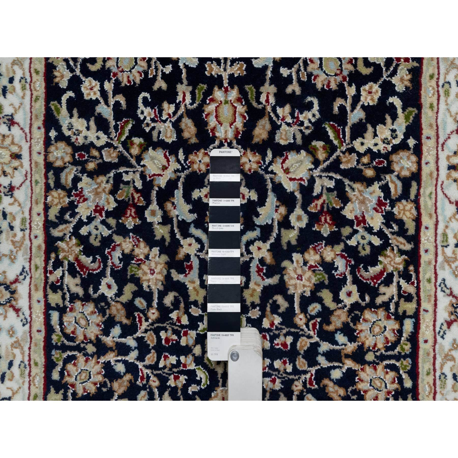 2'7"x8'1" Midnight Blue, Wool and Silk, Nain with All Over Flower Design, Soft Pile, 250 KPSI, Hand Knotted, Runner, Oriental Rug HR91008 - Image 4