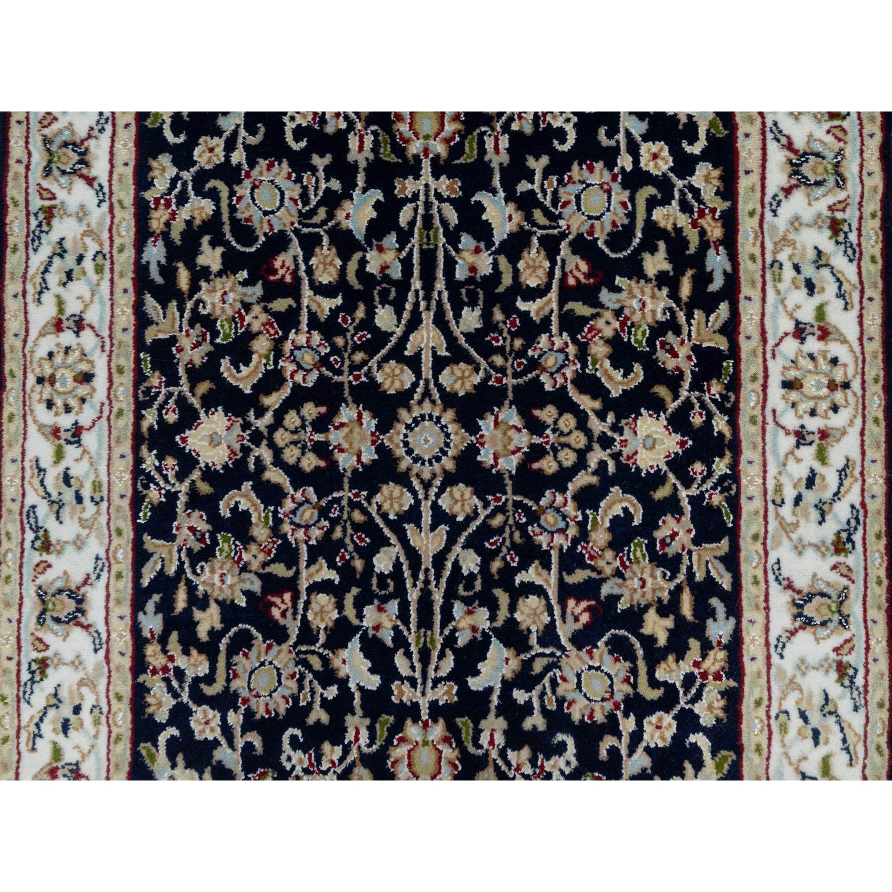 2'7"x8'1" Midnight Blue, Wool and Silk, Nain with All Over Flower Design, Soft Pile, 250 KPSI, Hand Knotted, Runner, Oriental Rug HR91008 - Image 5