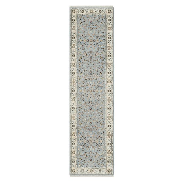 2'8"x10'3" Light Blue, 250 KPSI, Nain with All Over Flower Design, Wool and Silk, Hand Knotted, Runner, Oriental Rug HR91010