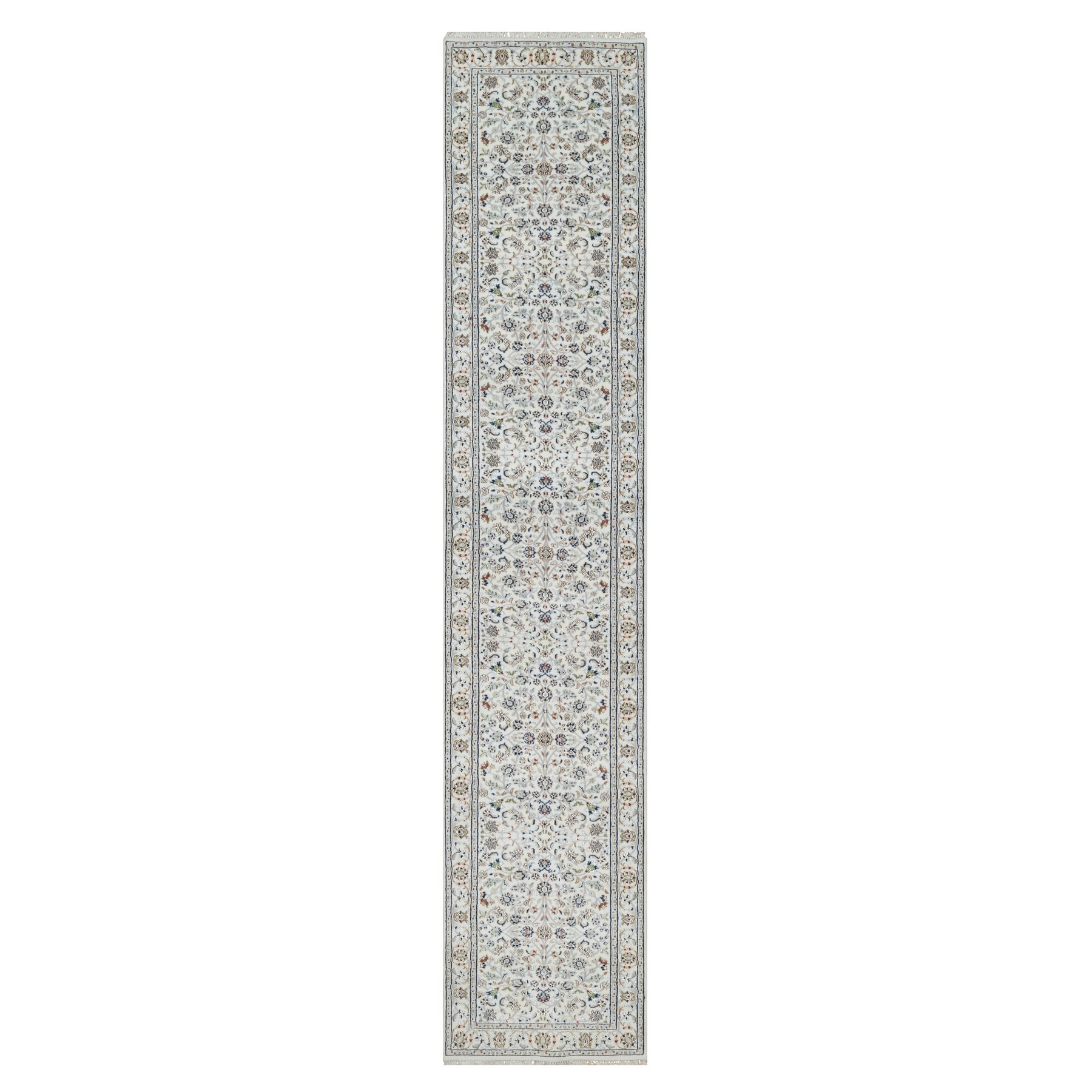 2'9"x14' Chiffon White, Wool and Silk, Nain with All Over Flower Design, Hand Knotted, 250 KPSI, Runner, Oriental Rug HR91011