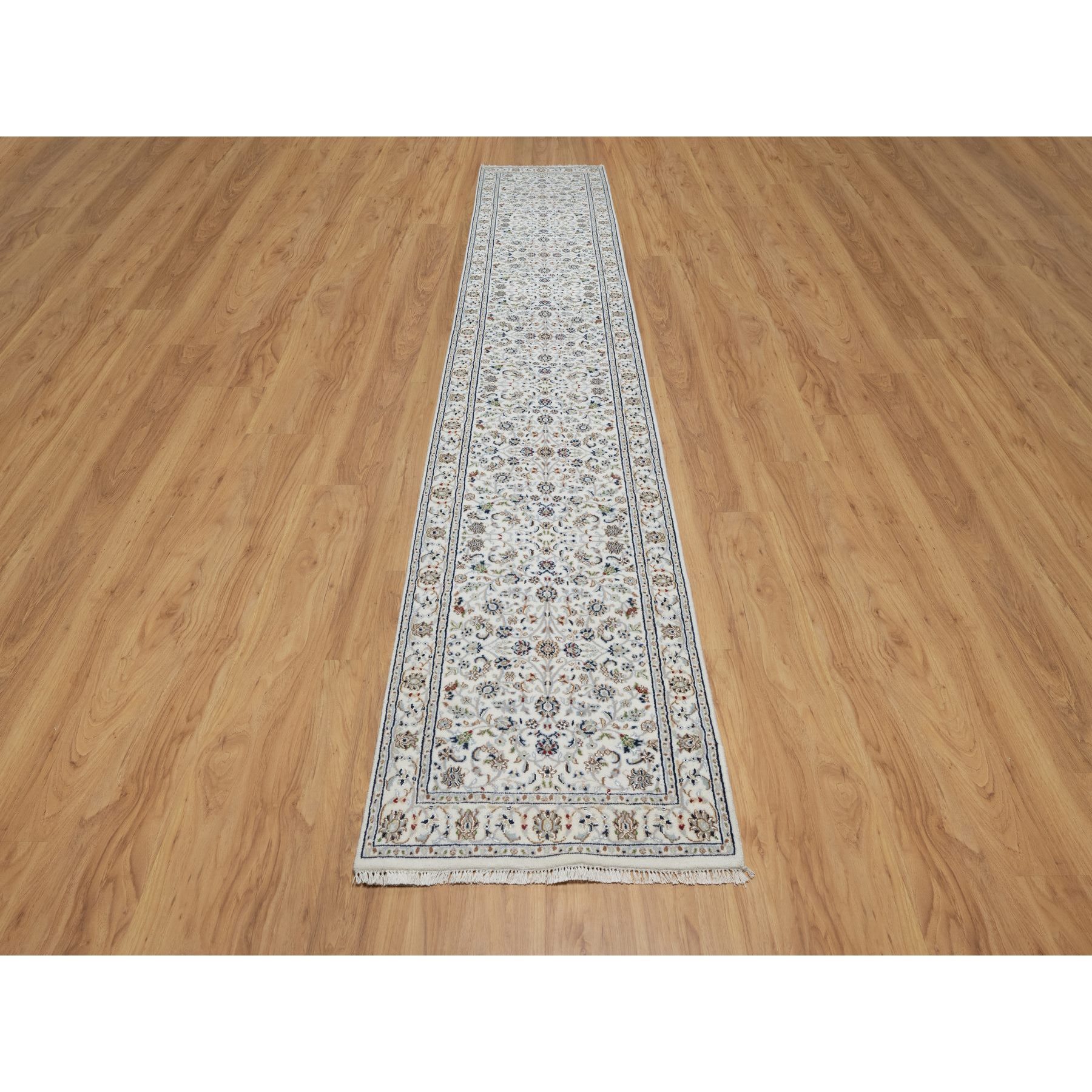 2'9"x14' Chiffon White, Wool and Silk, Nain with All Over Flower Design, Hand Knotted, 250 KPSI, Runner, Oriental Rug HR91011 - Image 2