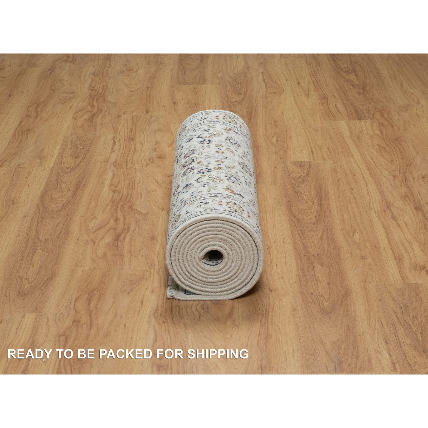 2'9"x14' Chiffon White, Wool and Silk, Nain with All Over Flower Design, Hand Knotted, 250 KPSI, Runner, Oriental Rug HR91011 - Image 6
