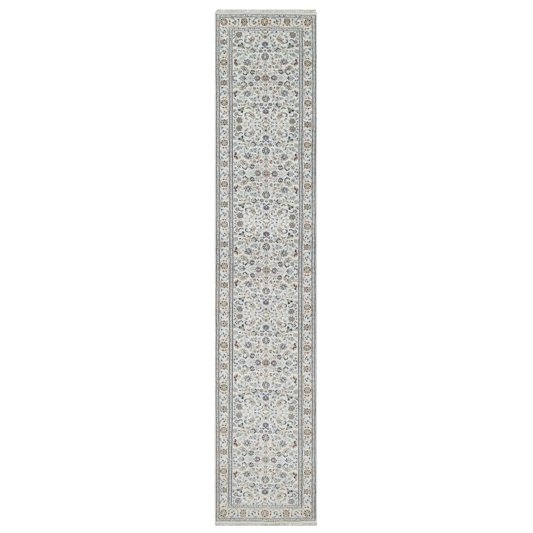 2'9"x14'1" Daisy White, Nain with All Over Flower Design, Wool and Silk, Hand Knotted, 250 KPSI, XL Runner, Oriental Rug HR91012