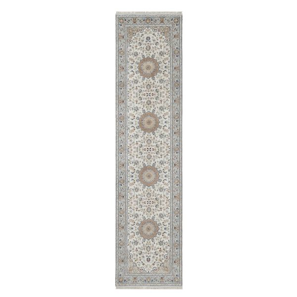 2'5"x10' Spring White, Nain with Center Medallion, Hand Knotted, 250 KPSI, Wool and Silk, Runner, Oriental Rug HR91013