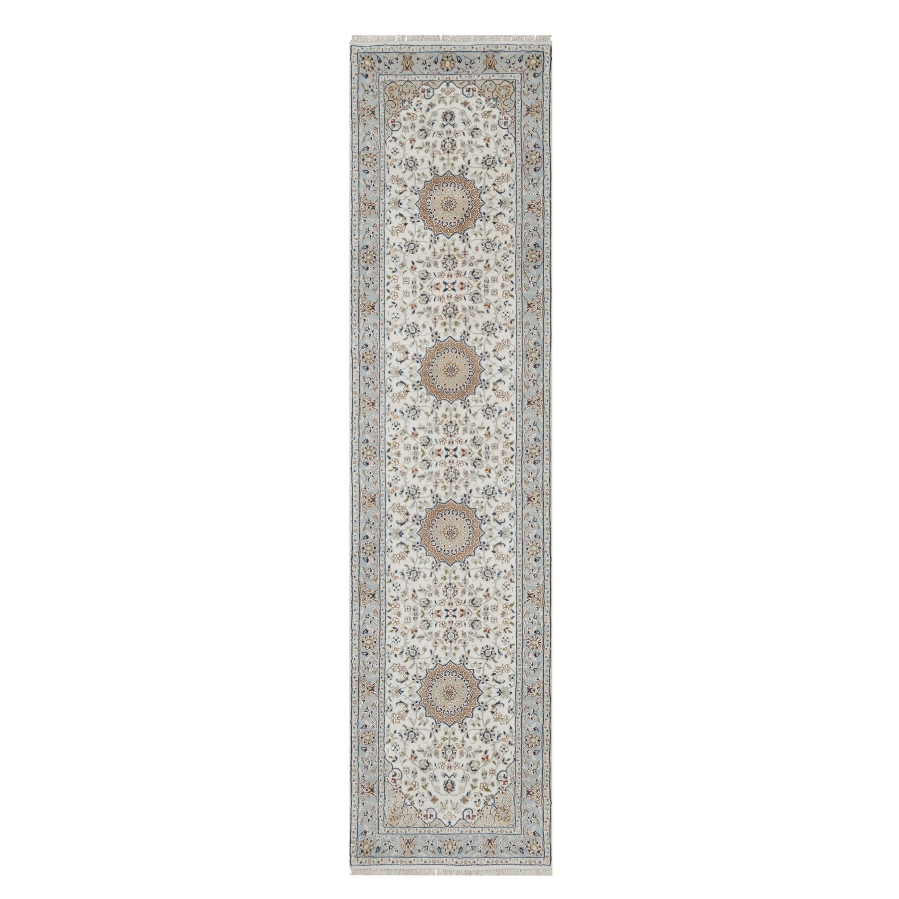 2'5"x10' Spring White, Nain with Center Medallion, Hand Knotted, 250 KPSI, Wool and Silk, Runner, Oriental Rug HR91013