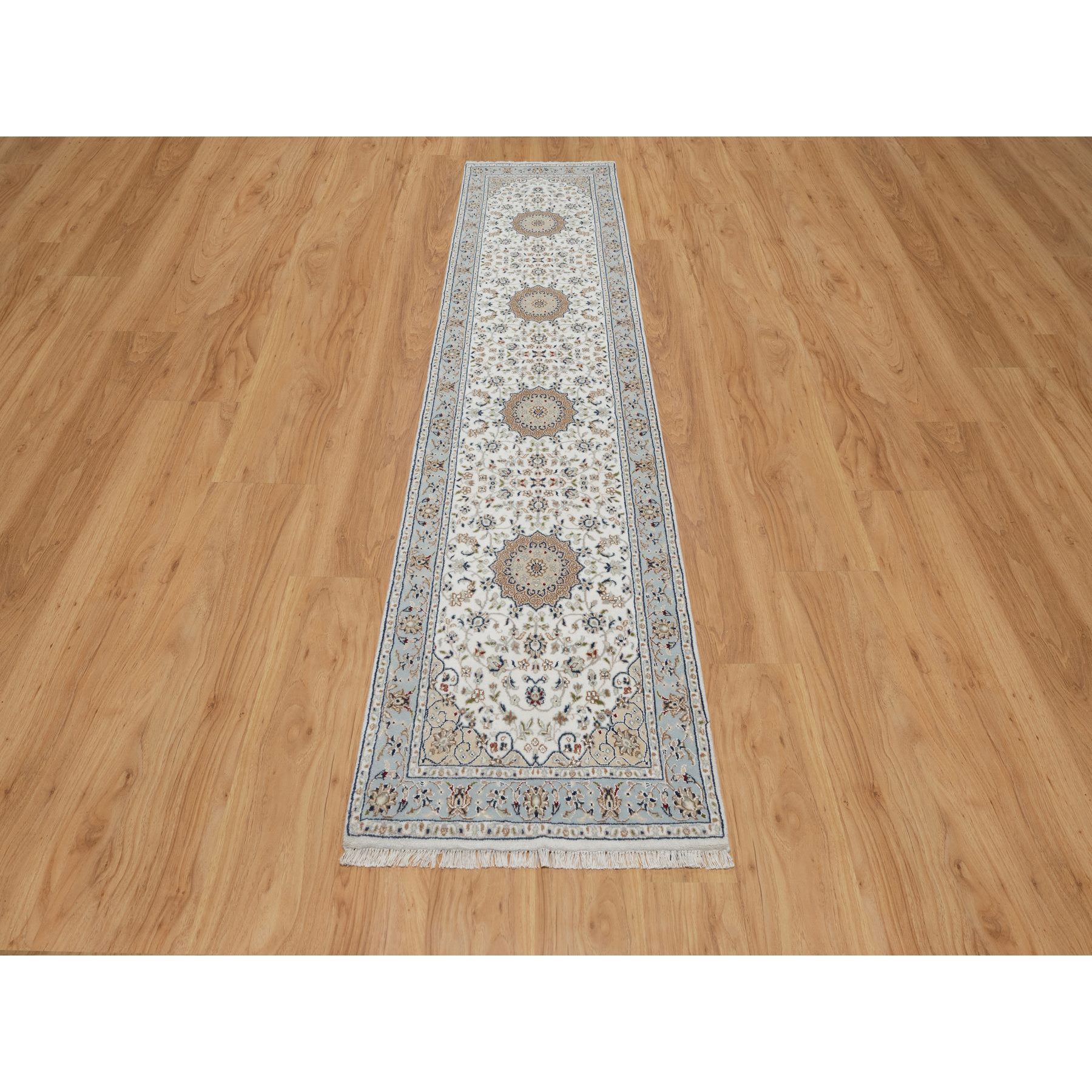 2'5"x10' Spring White, Nain with Center Medallion, Hand Knotted, 250 KPSI, Wool and Silk, Runner, Oriental Rug HR91013 - Image 2