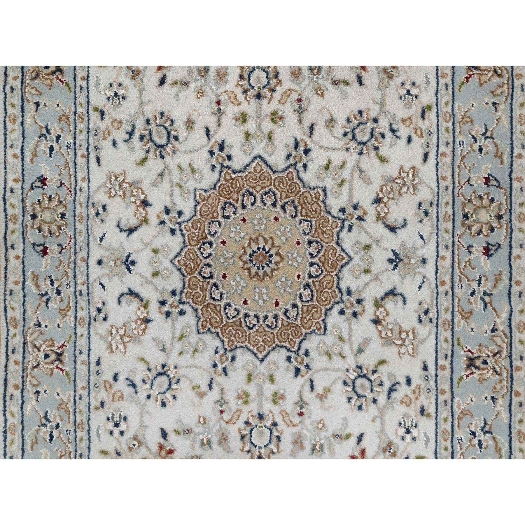 2'5"x10' Spring White, Nain with Center Medallion, Hand Knotted, 250 KPSI, Wool and Silk, Runner, Oriental Rug HR91013 - Image 5