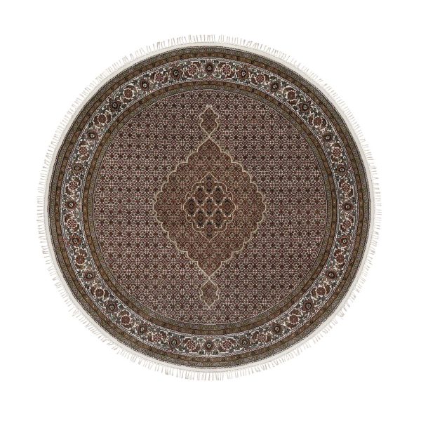 7'6"x7'6" Pearl White, Tabriz Mahi with Fish Medallion Design, Hand Knotted, Pure Wool, Denser Weave, Round, Oriental Rug HR91042