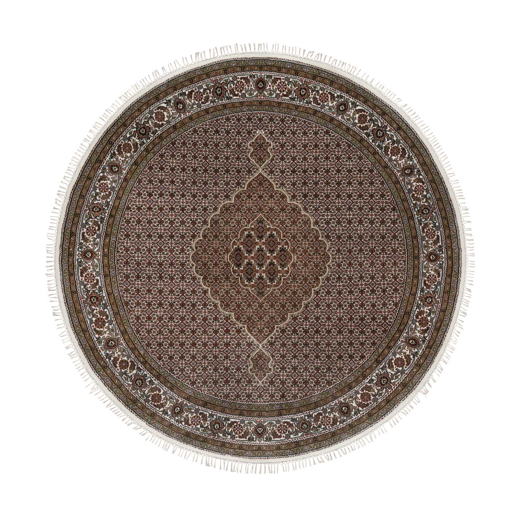 7'6"x7'6" Pearl White, Tabriz Mahi with Fish Medallion Design, Hand Knotted, Pure Wool, Denser Weave, Round, Oriental Rug HR91042