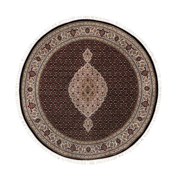 6'x6' Rich Black, Hand Knotted, Tabriz Mahi with Fish Medallion Design, 175 KPSI, Pure Wool, Round, Oriental Rug HR91043