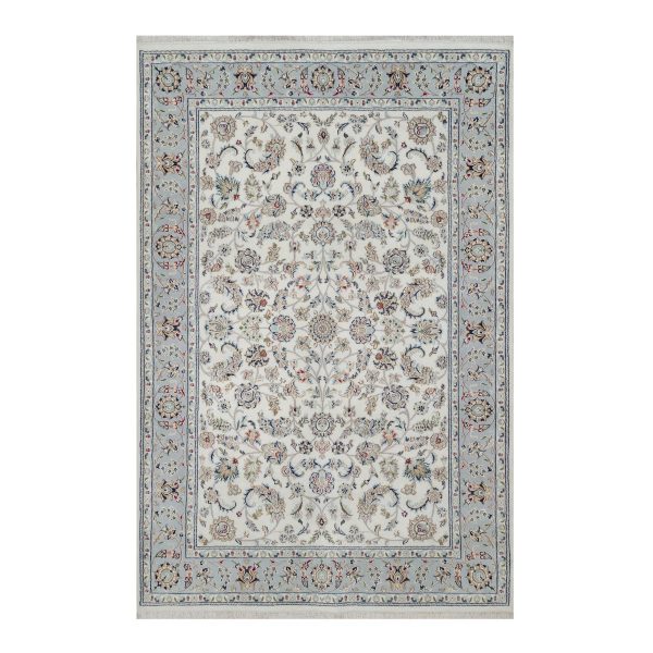 6'x9' Spring White, Hand Knotted, Nain with All Over Flower Design, 250 KPSI, Wool and Silk, Oriental Rug HR91049