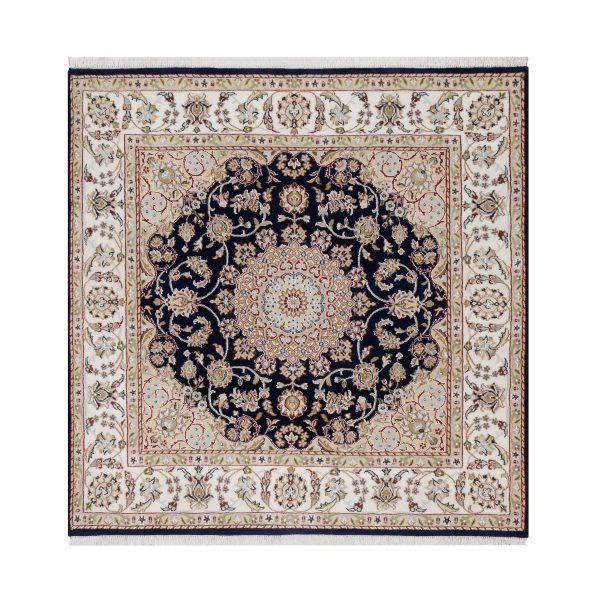 5'x5' Midnight Blue, Wool and Silk, Hand Knotted, Nain with Center Medallion Flower Design, 250 KPSI, Square, Oriental Rug HR91054