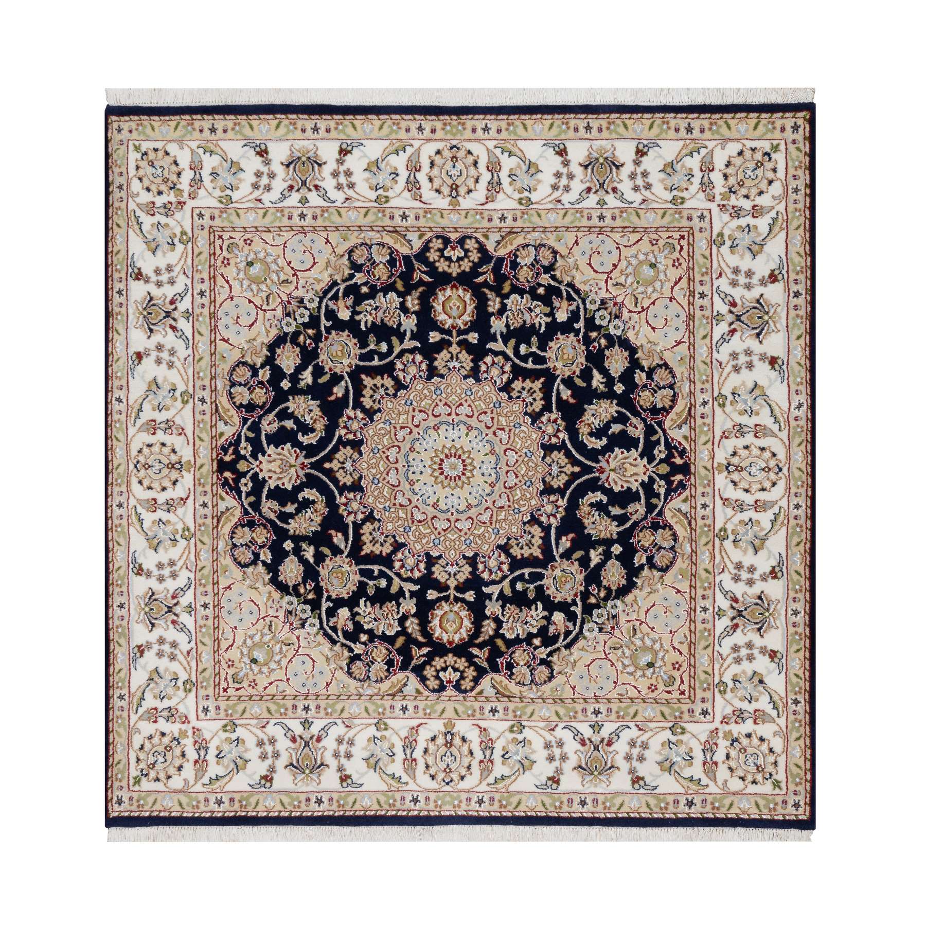 5'x5' Midnight Blue, Wool and Silk, Hand Knotted, Nain with Center Medallion Flower Design, 250 KPSI, Square, Oriental Rug HR91054