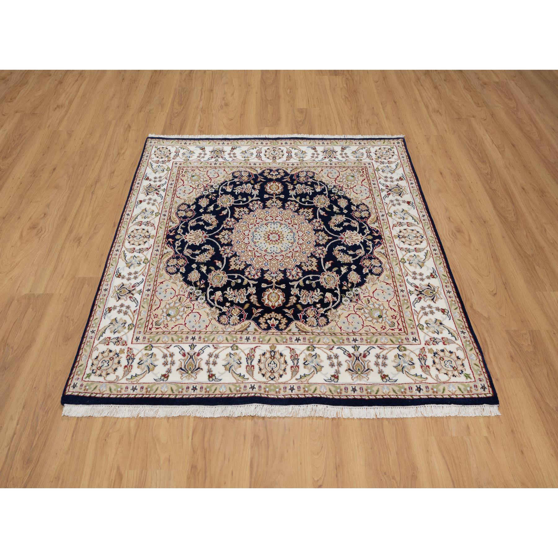 5'x5' Midnight Blue, Wool and Silk, Hand Knotted, Nain with Center Medallion Flower Design, 250 KPSI, Square, Oriental Rug HR91054 - Image 2