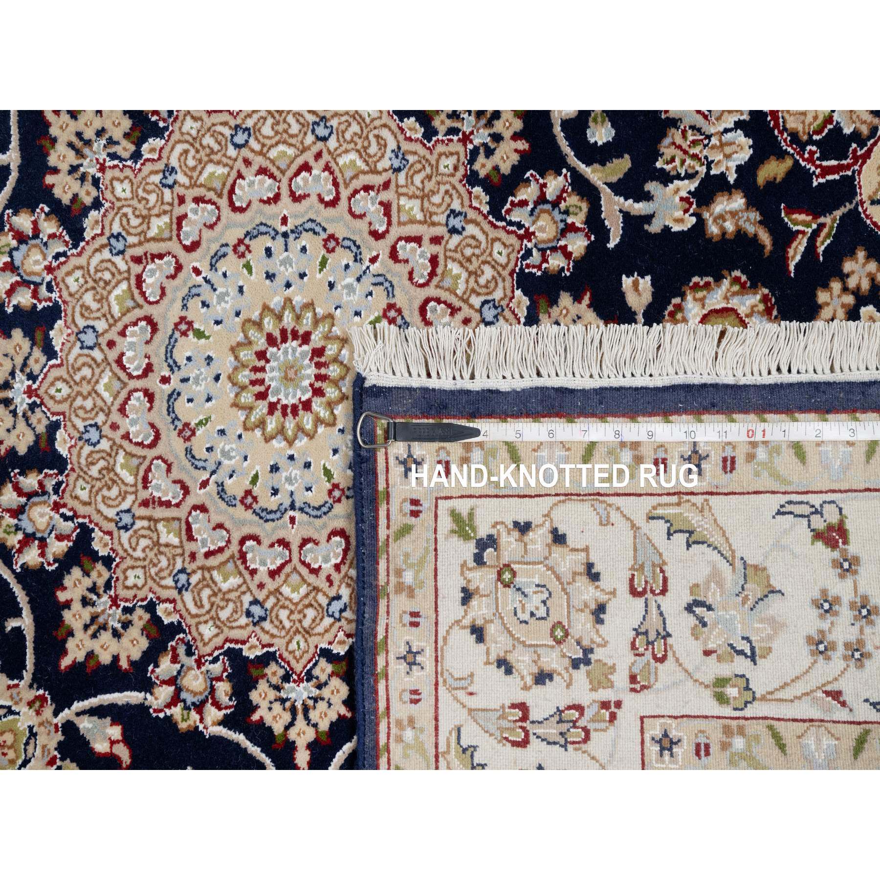 5'x5' Midnight Blue, Wool and Silk, Hand Knotted, Nain with Center Medallion Flower Design, 250 KPSI, Square, Oriental Rug HR91054 - Image 8