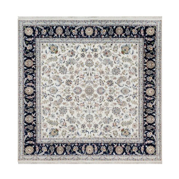 7'9"x7'9" Rice White, Nain with All Over Flower Design, Soft Pile, 250 KPSI, Wool and Silk, Hand Knotted, Square, Oriental Rug HR91058